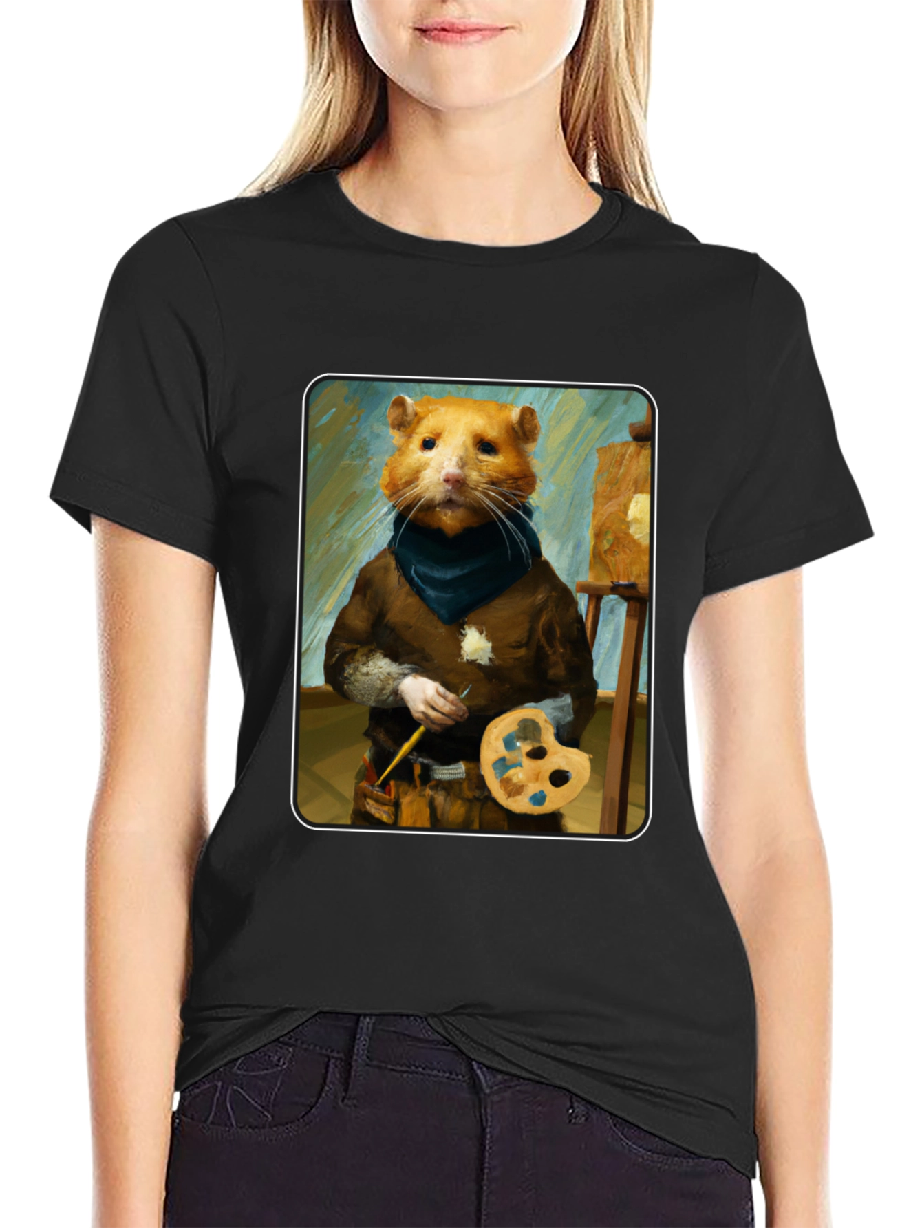 Black Hamster Painter T-Shirt - Artistic Novelty Tee view 2