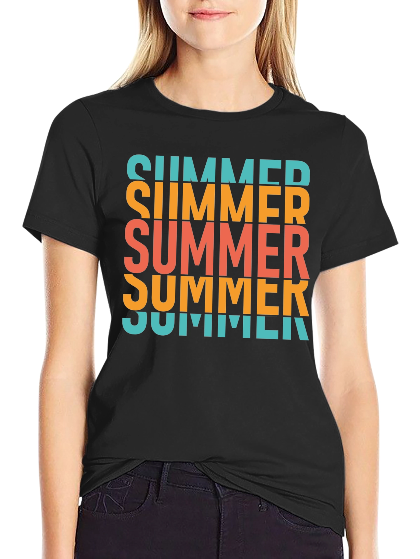 Black Summer Text Stacked Graphic T-Shirt - Casual Cotton Tee view 2