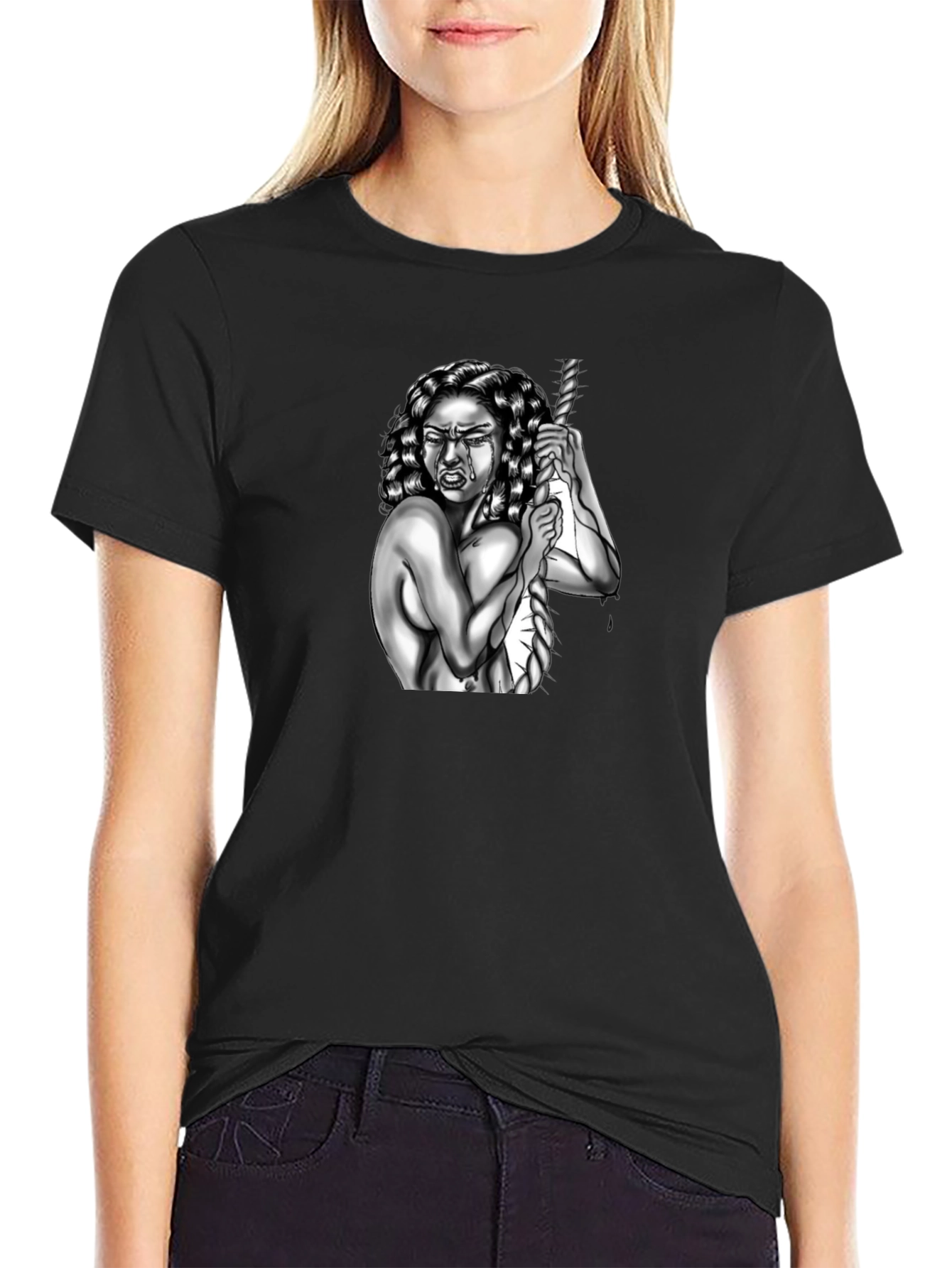 Black Edgy Graphic T-Shirt: Woman and Rope Design view 2
