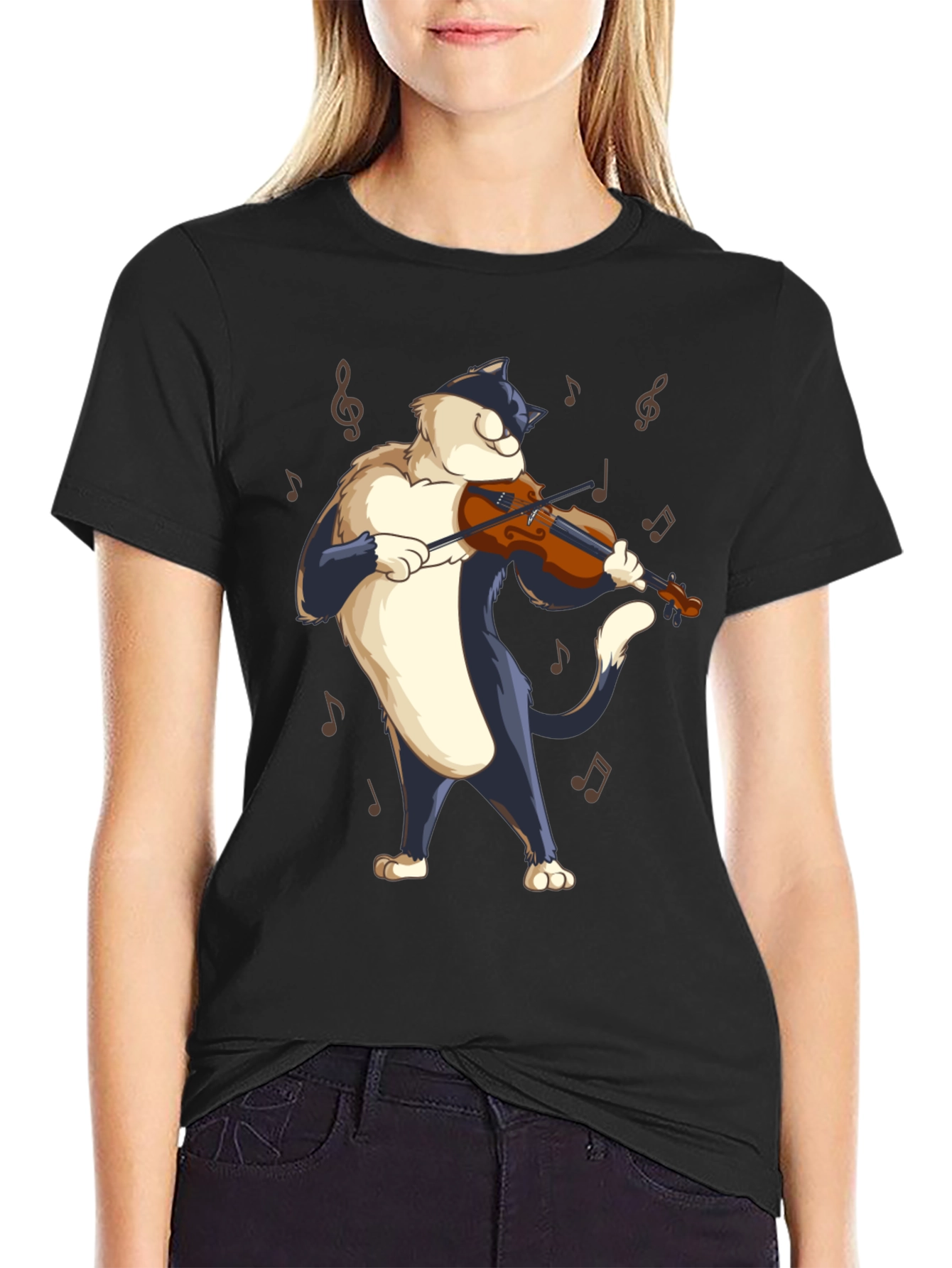 Black Cat Violinist Black T-Shirt - Musical Feline Tee view 2