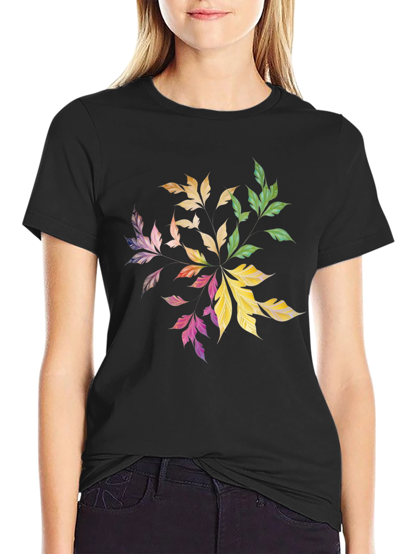 Black Colorful Leaf Mandala Graphic Black Tee view 2