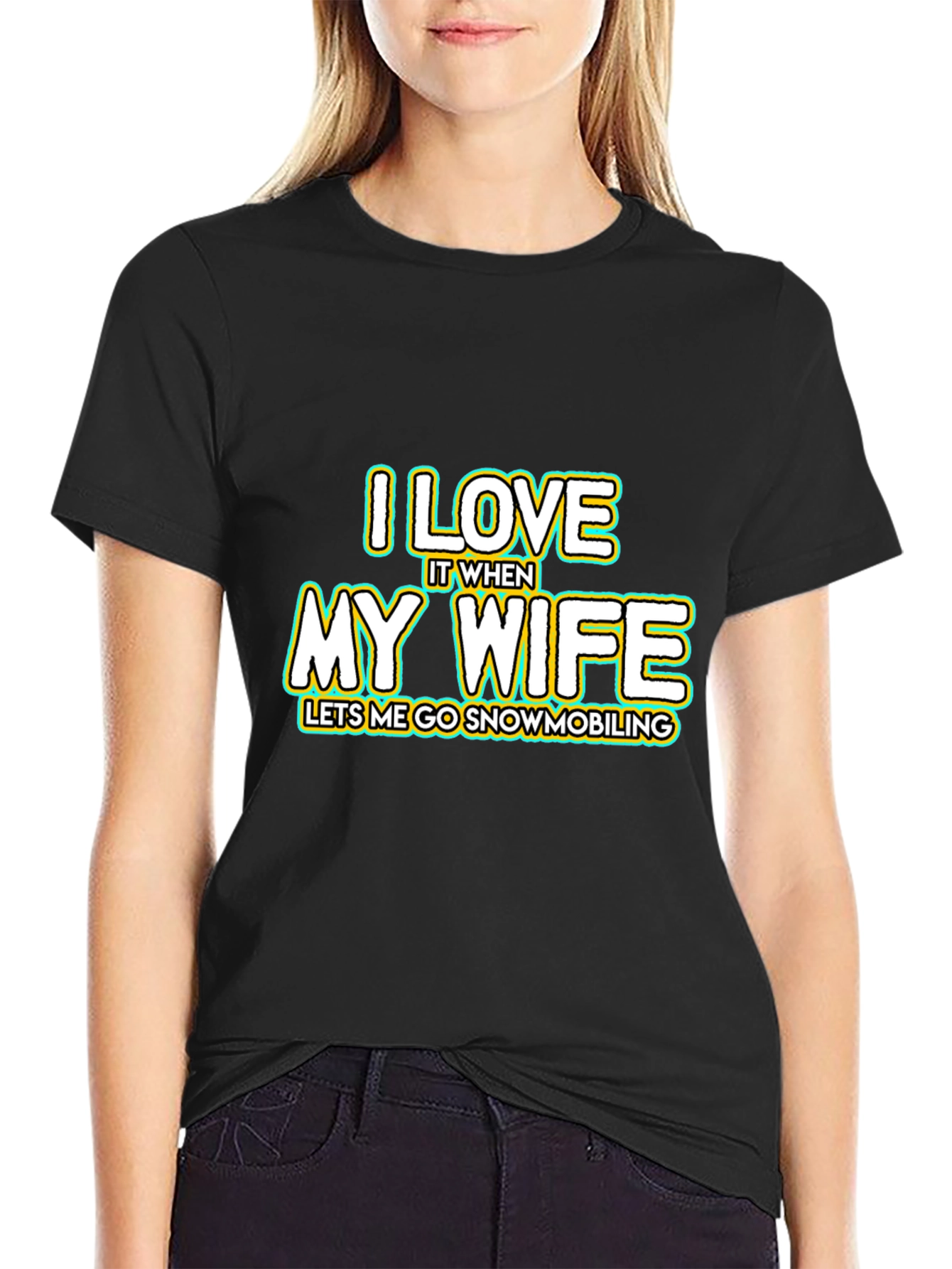 Black I Love My Wife Snowmobiling Black T-Shirt view 2