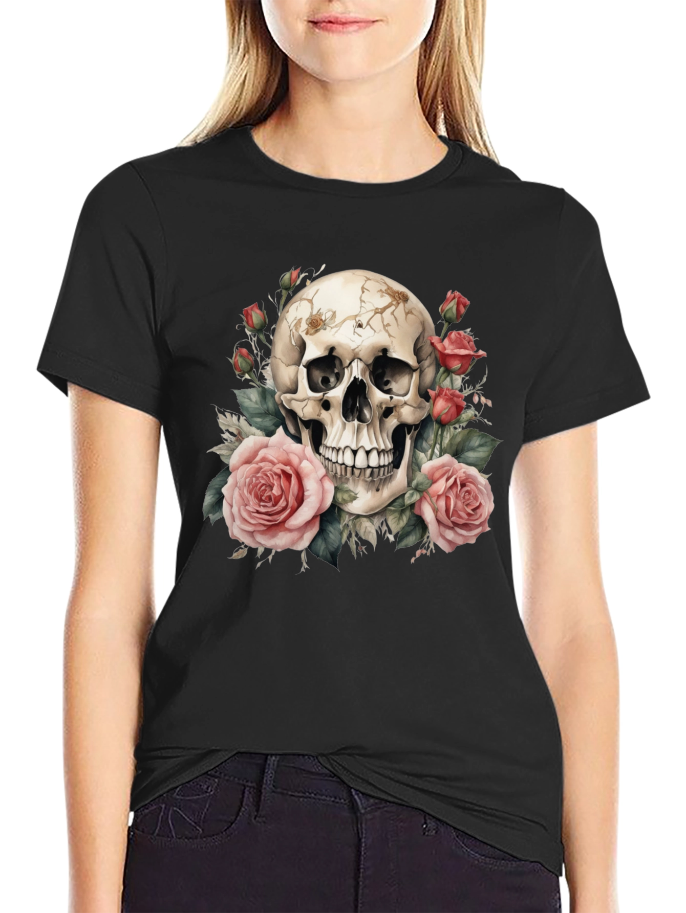 Black Skull & Roses Graphic Tee - Black Cotton T-Shirt view 2