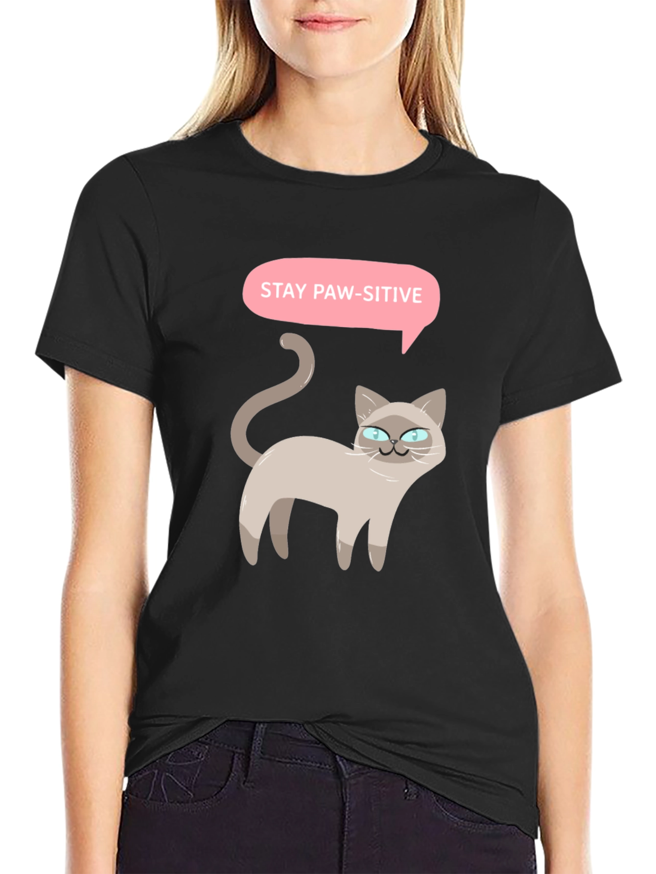 Black Stay Paw-sitive Cat Graphic T-Shirt view 2