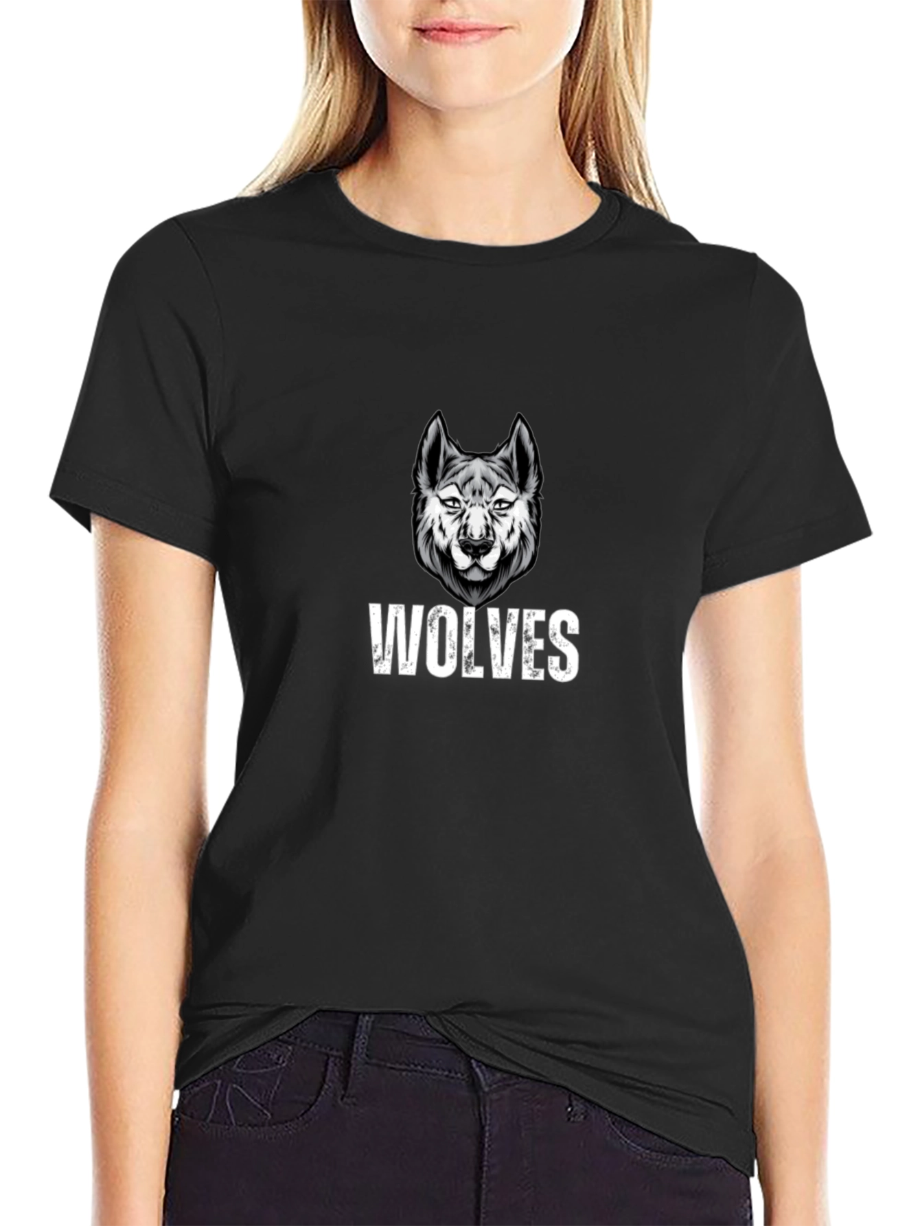 Black Wolves Graphic Print Black T-Shirt view 2