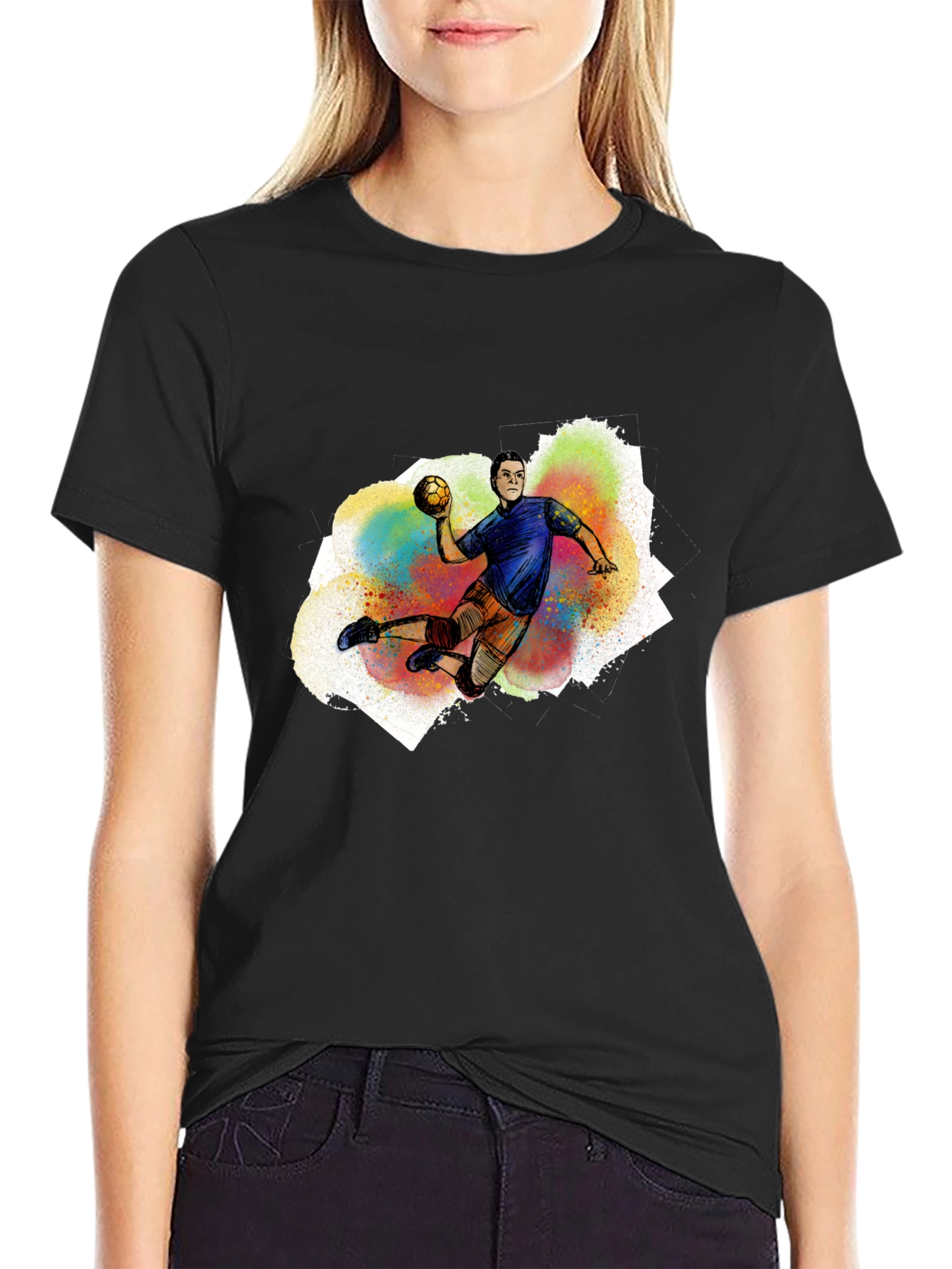 Black Handball Player Graphic T-Shirt - Black Cotton Tee view 2