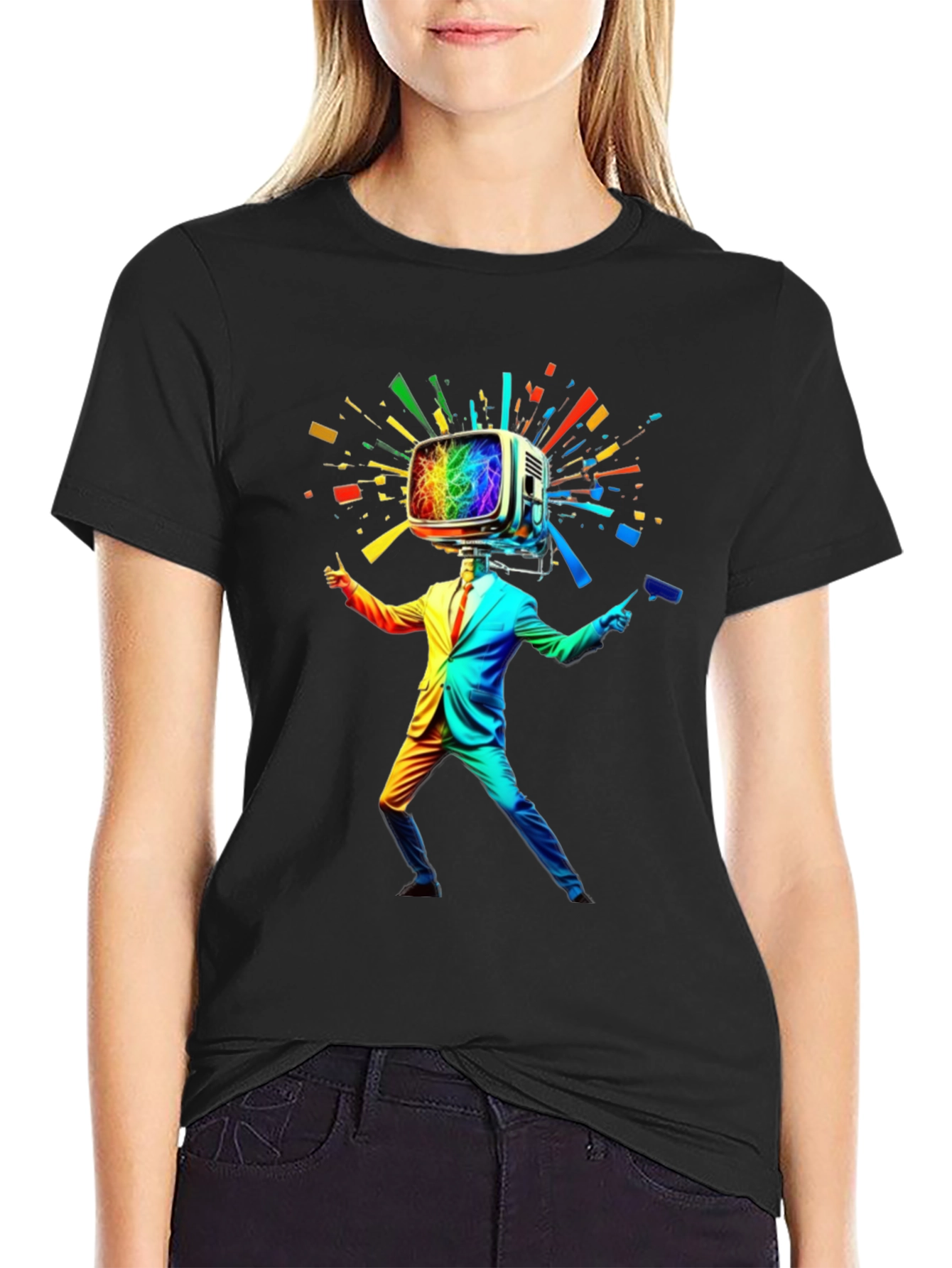Black Rainbow TV Head Man Black T-Shirt view 2