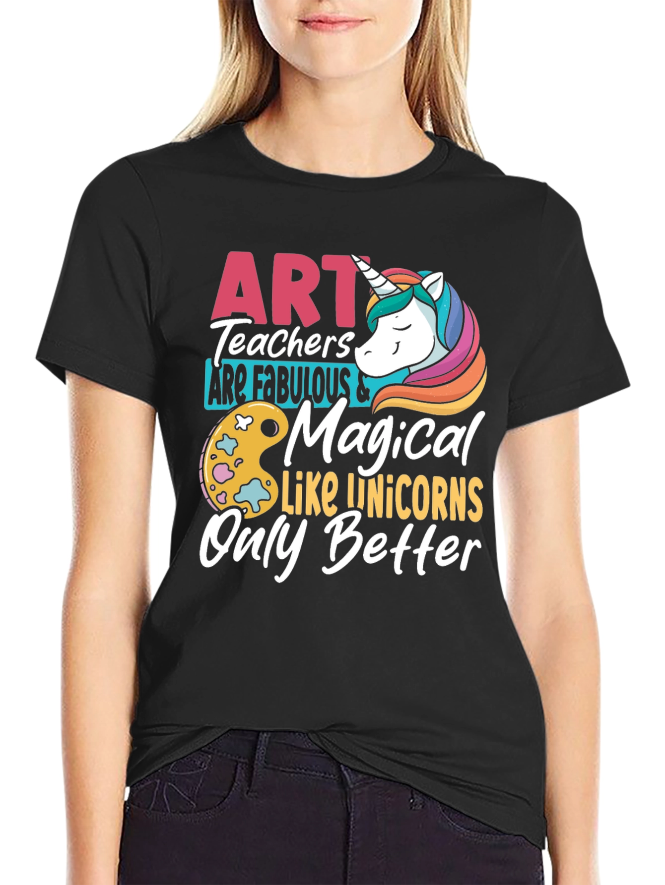 Black Art Teacher Unicorn Graphic T-Shirt view 2