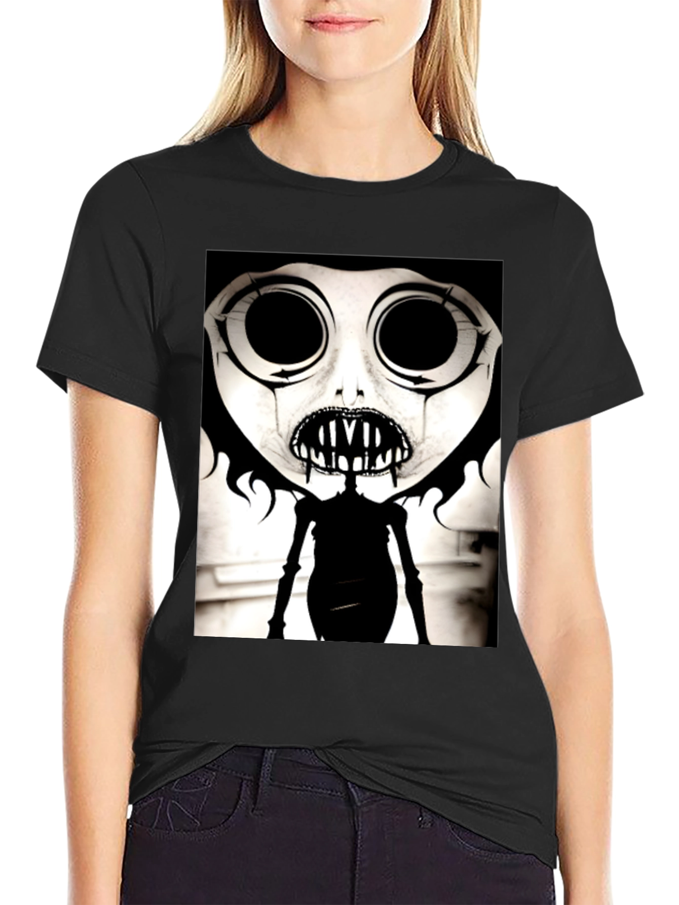 Black Creepy Cartoon Character Graphic Tee - Black view 2