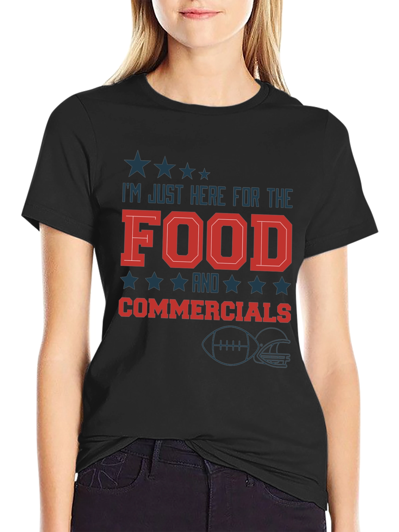 Black I'm Just Here for the Food & Commercials Football T-Shirt view 2