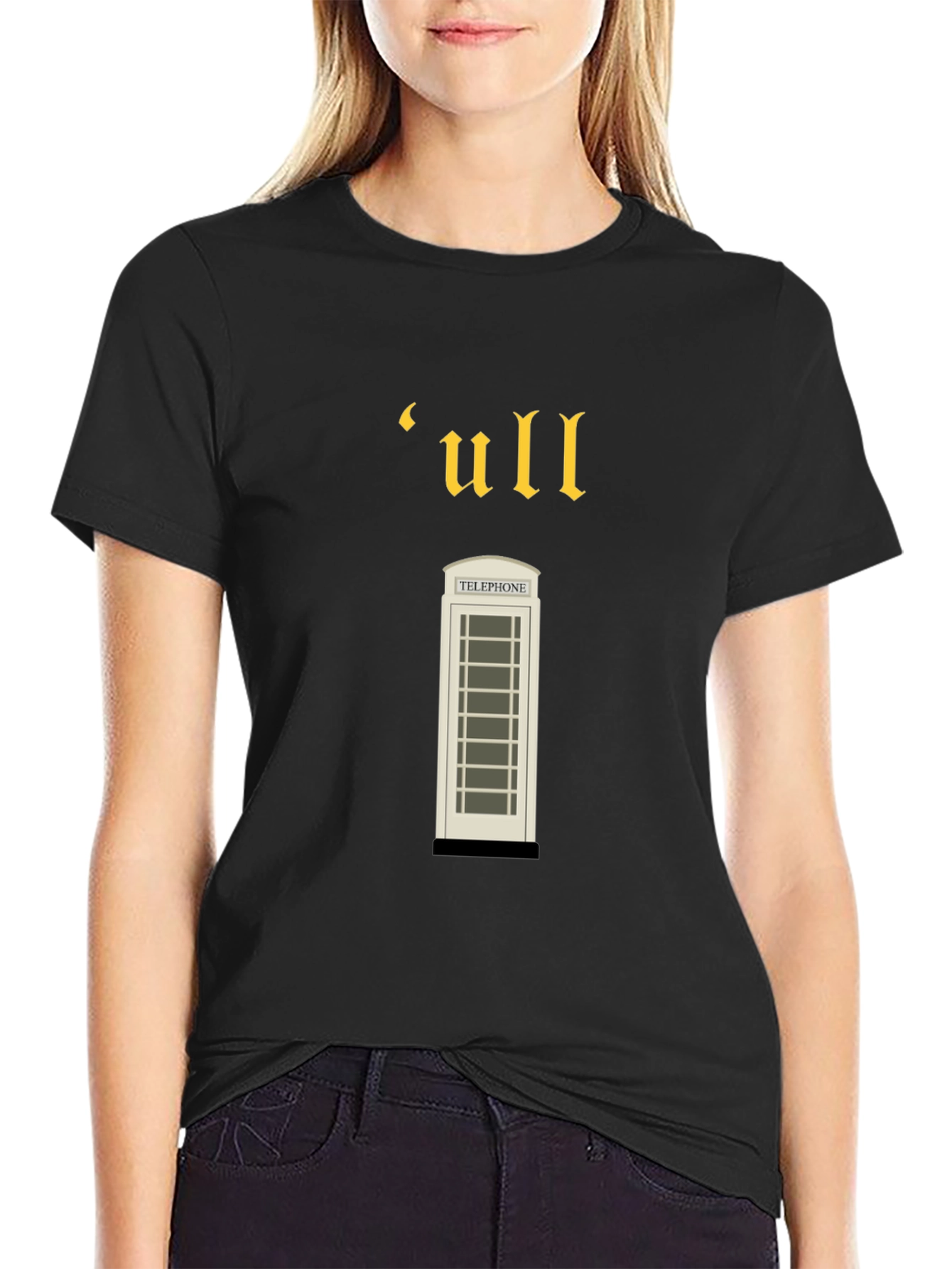 Black Vintage-Style 'ull' Telephone Booth Black T-Shirt view 2
