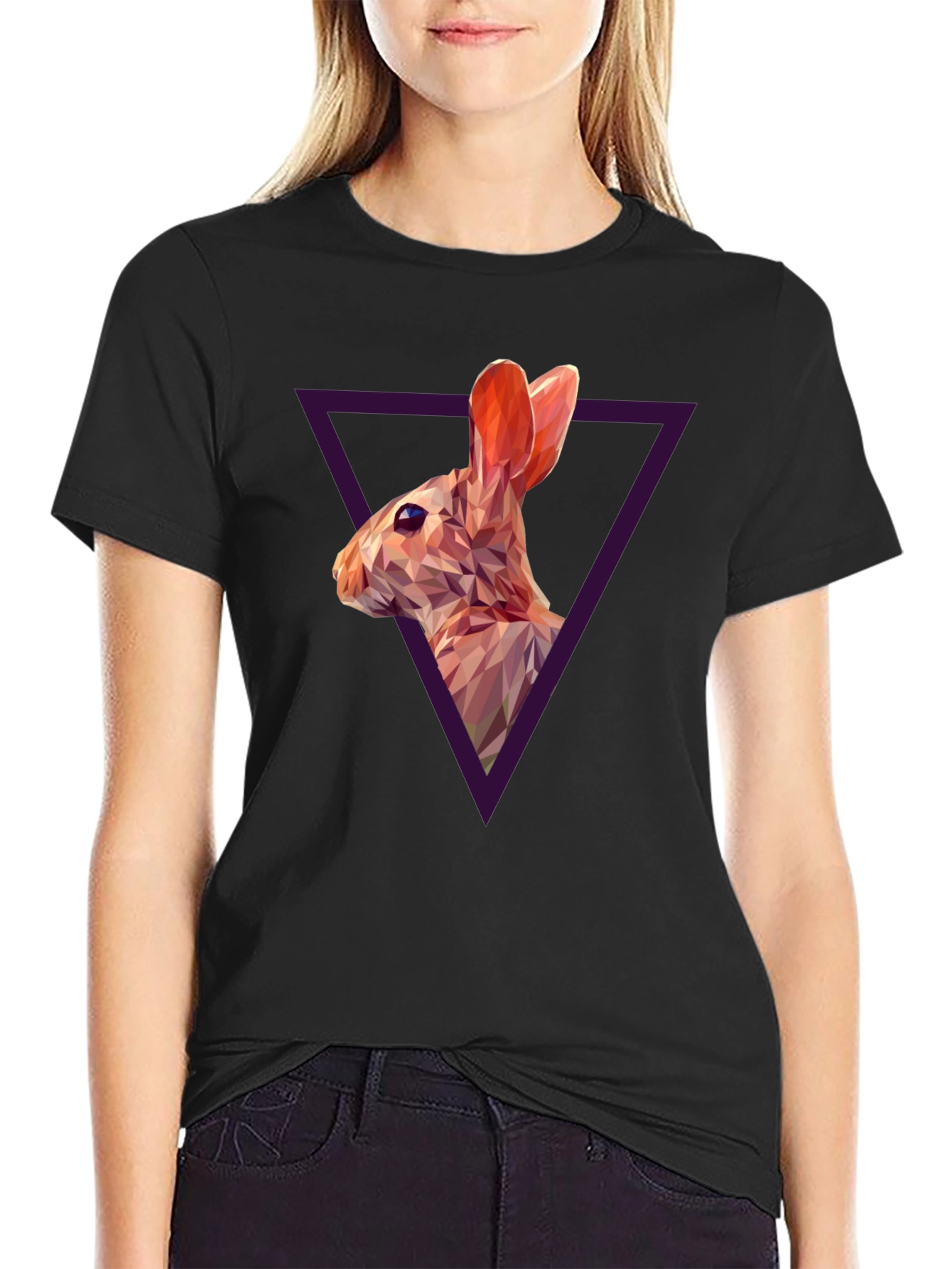 Black Geometric Rabbit Graphic Black T-Shirt view 2