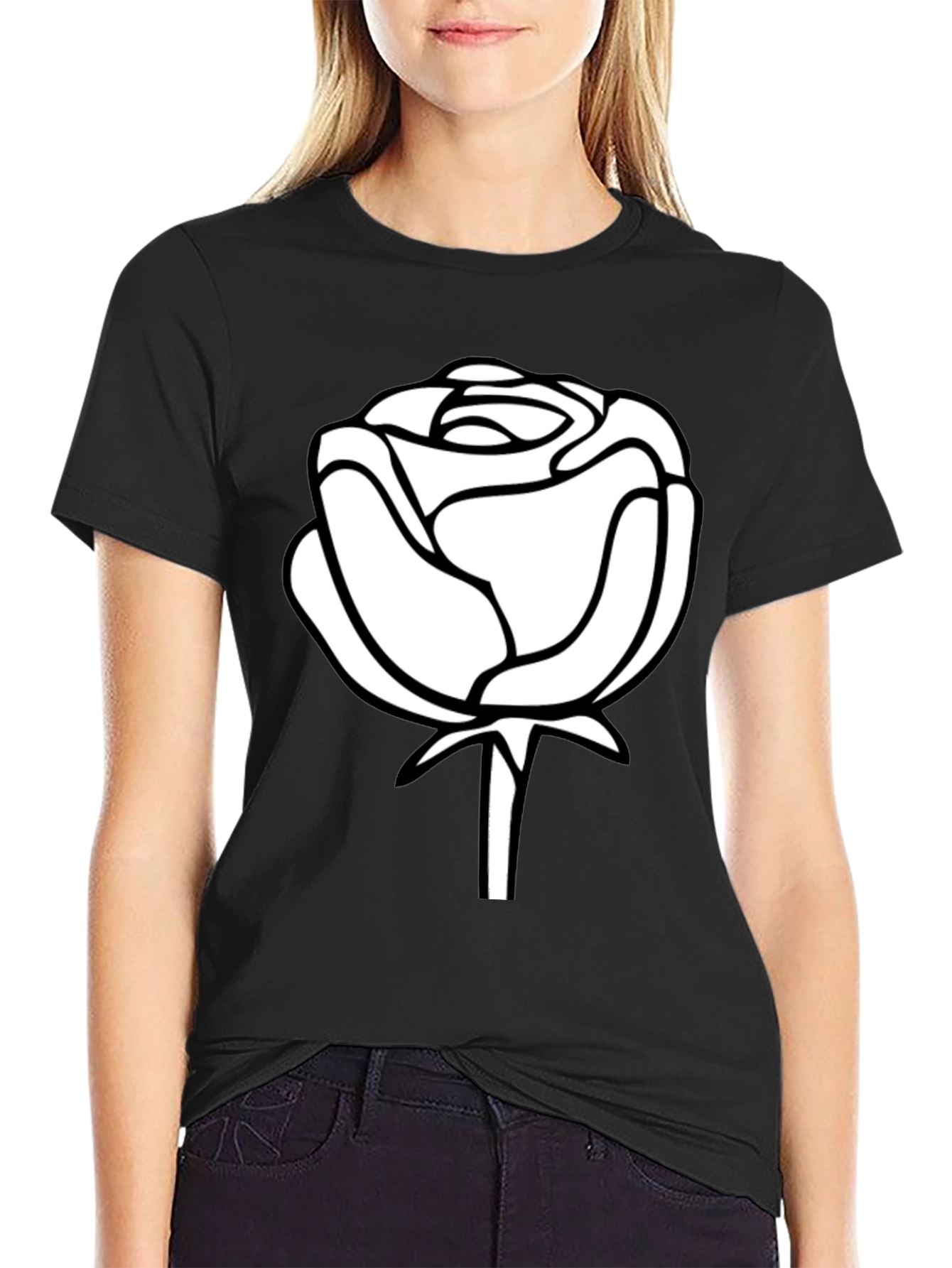 Black Black T-Shirt with White Rose Design view 2