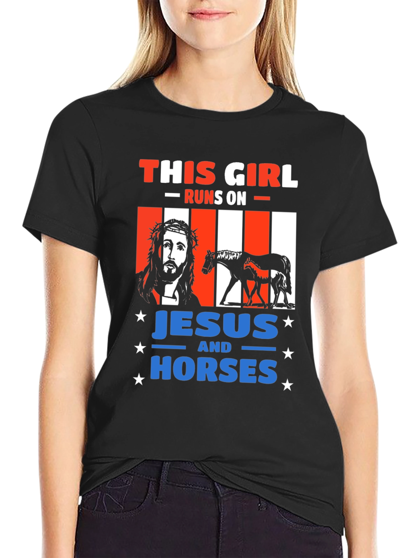Black This Girl Runs On Jesus and Horses T-Shirt view 2