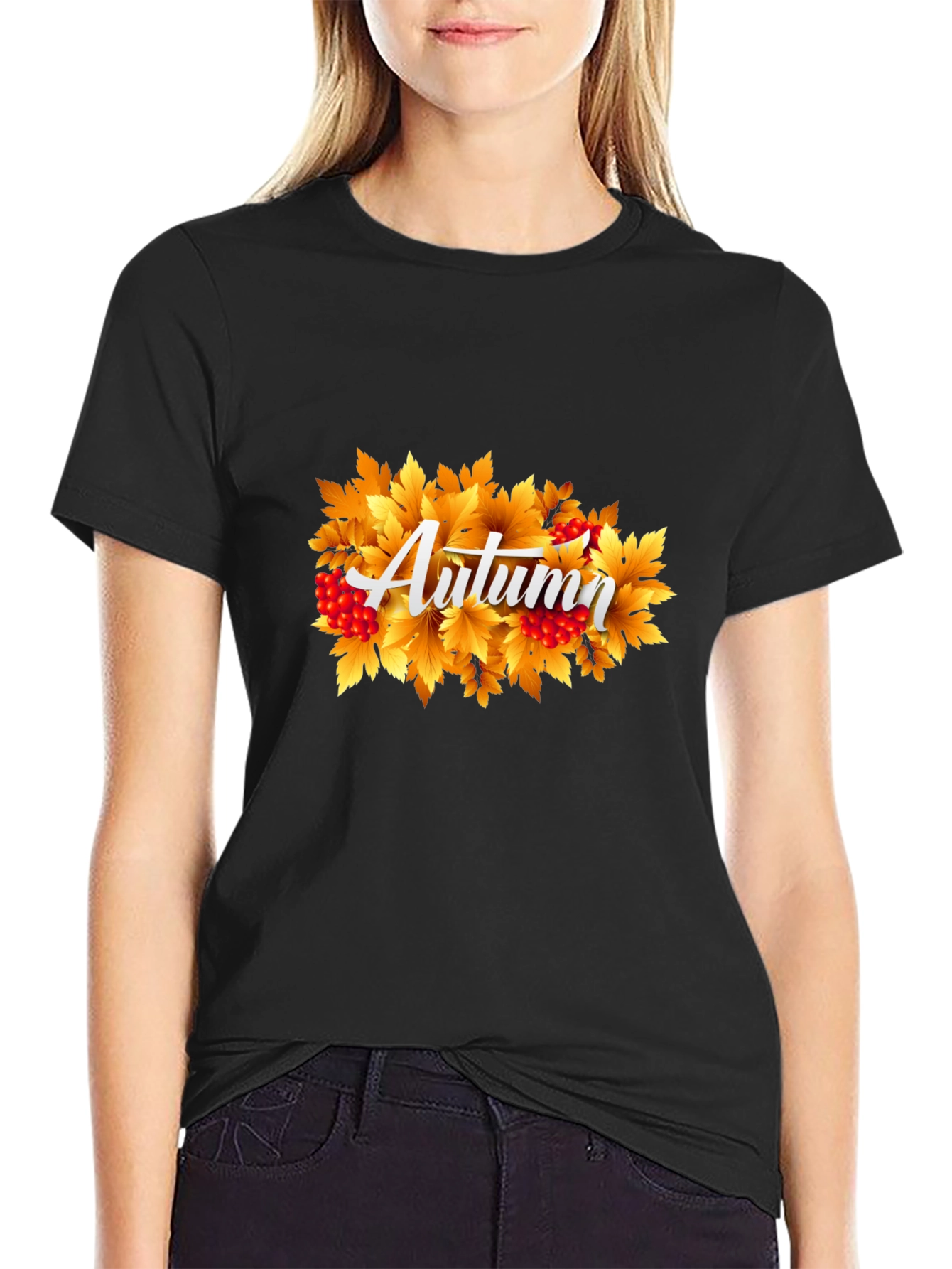 Black Autumn Leaves Graphic Tee - Black Cotton view 2