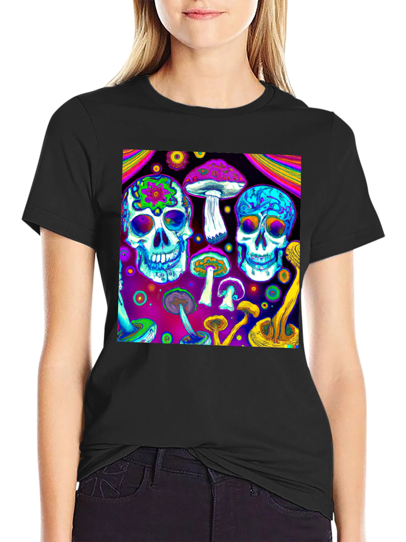 Black Psychedelic Skull & Mushroom Graphic T-Shirt view 2