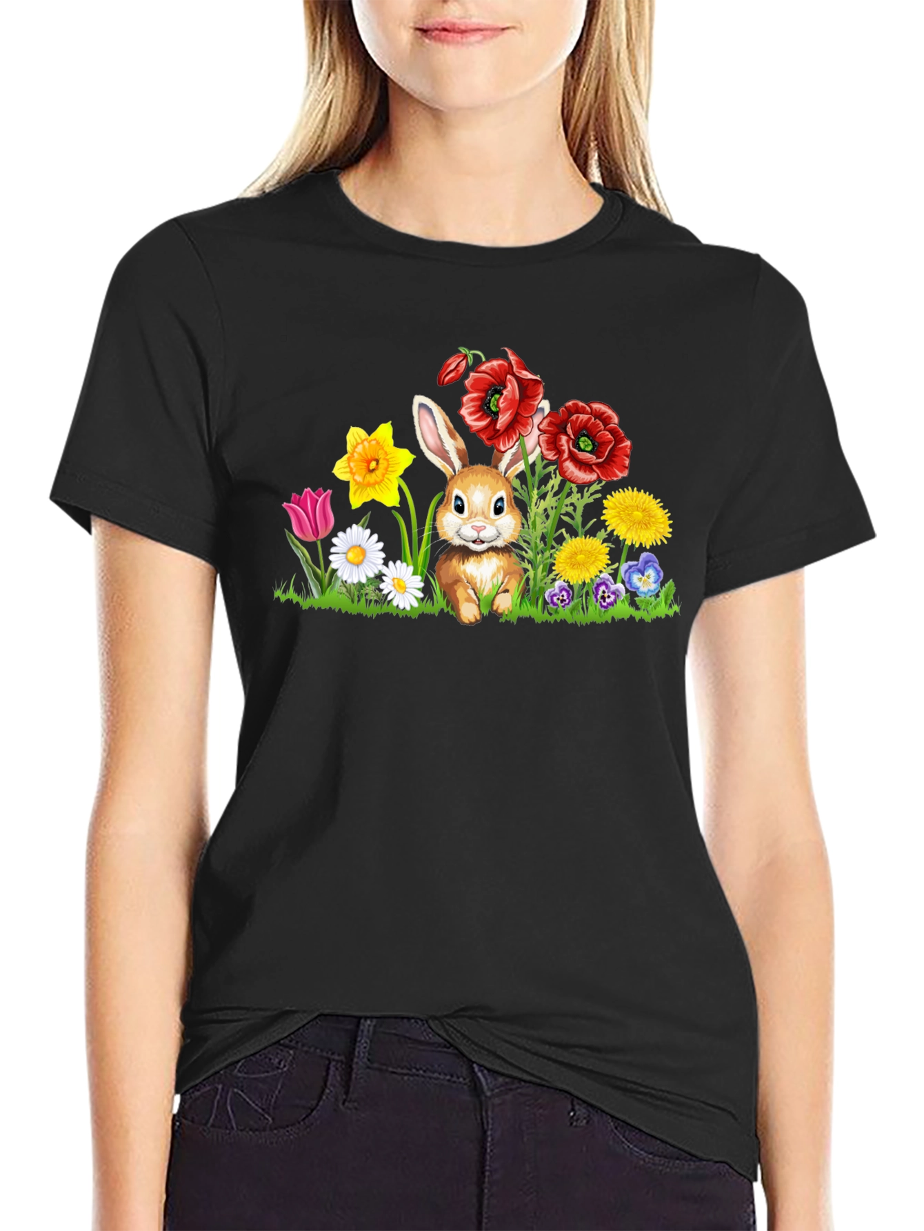 Black Cute Bunny in Flower Patch Black T-Shirt view 2