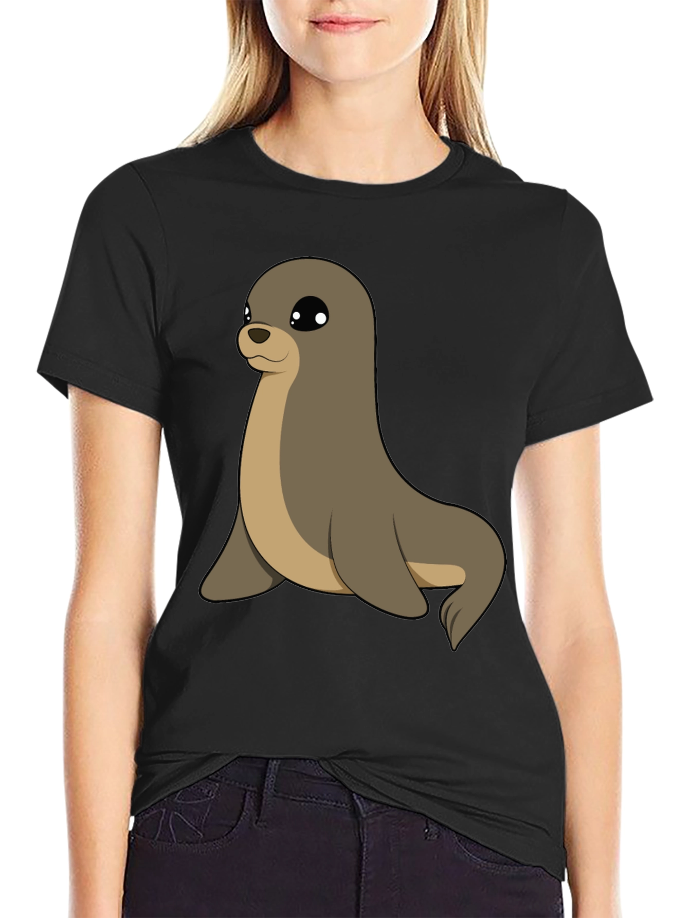 Black Cute Seal Graphic Tee - Casual Black T-Shirt view 2