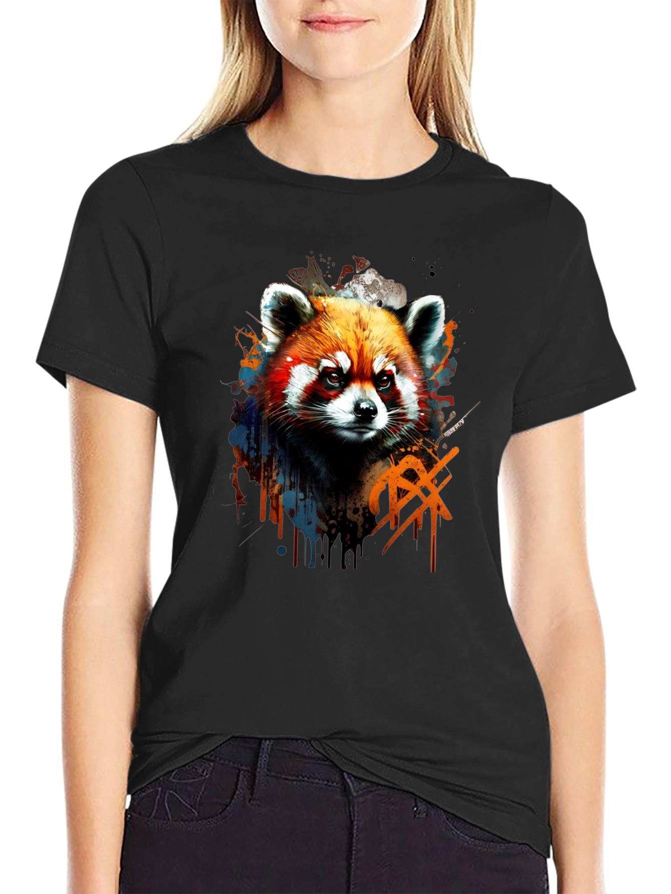 Black Red Panda Graphic Tee - Cool Animal Print Shirt view 2