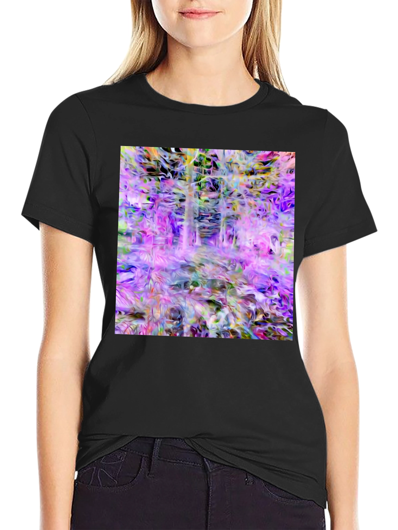 Black Abstract Forest Print Black T-Shirt view 2