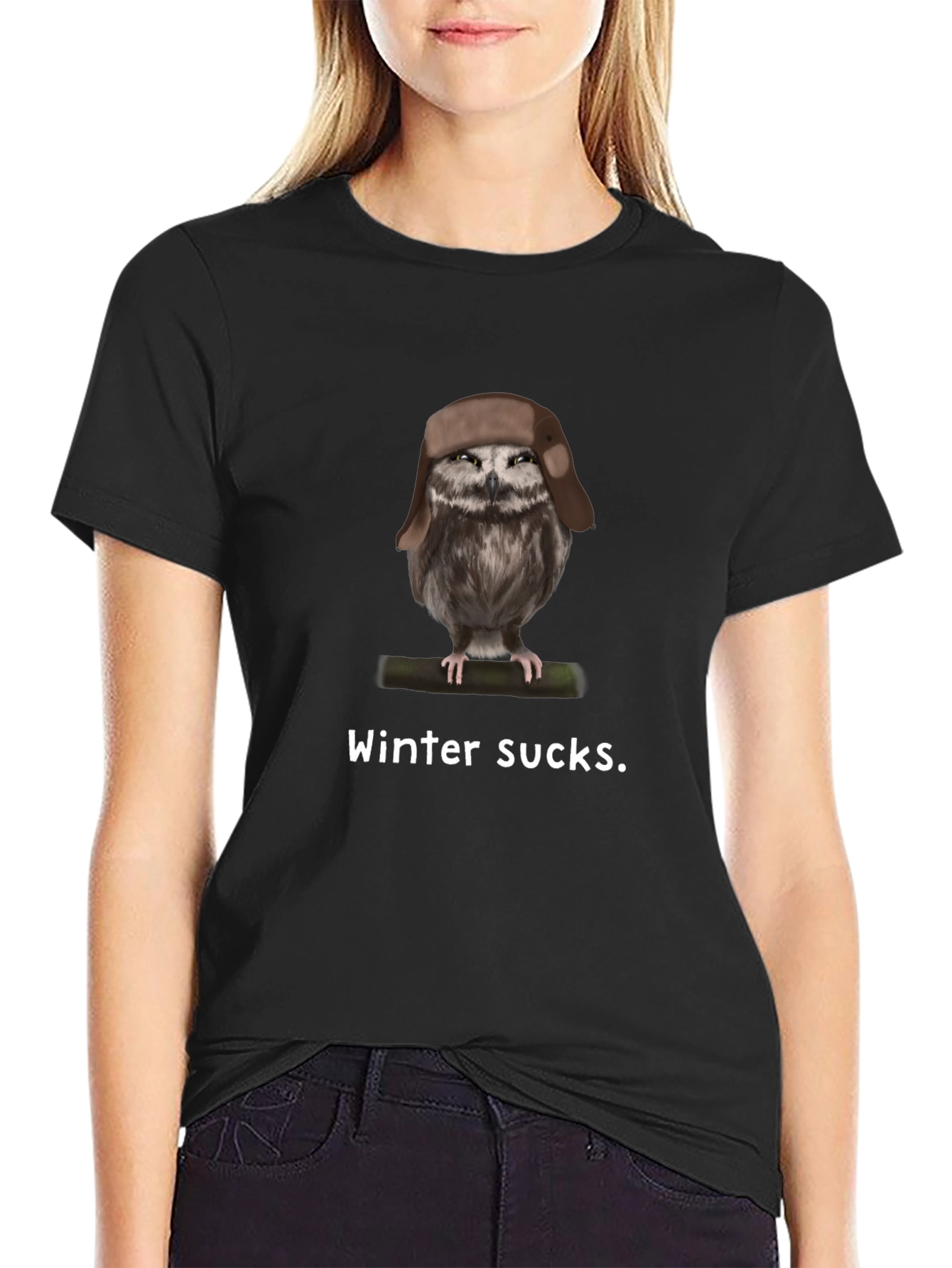 Black Winter Sucks Owl T-Shirt view 2