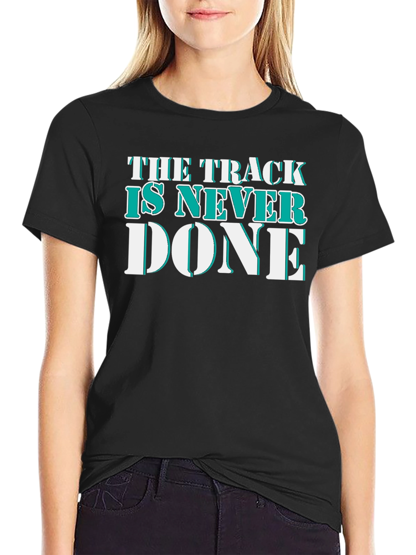 Black The Track Is Never Done Graphic T-Shirt view 2