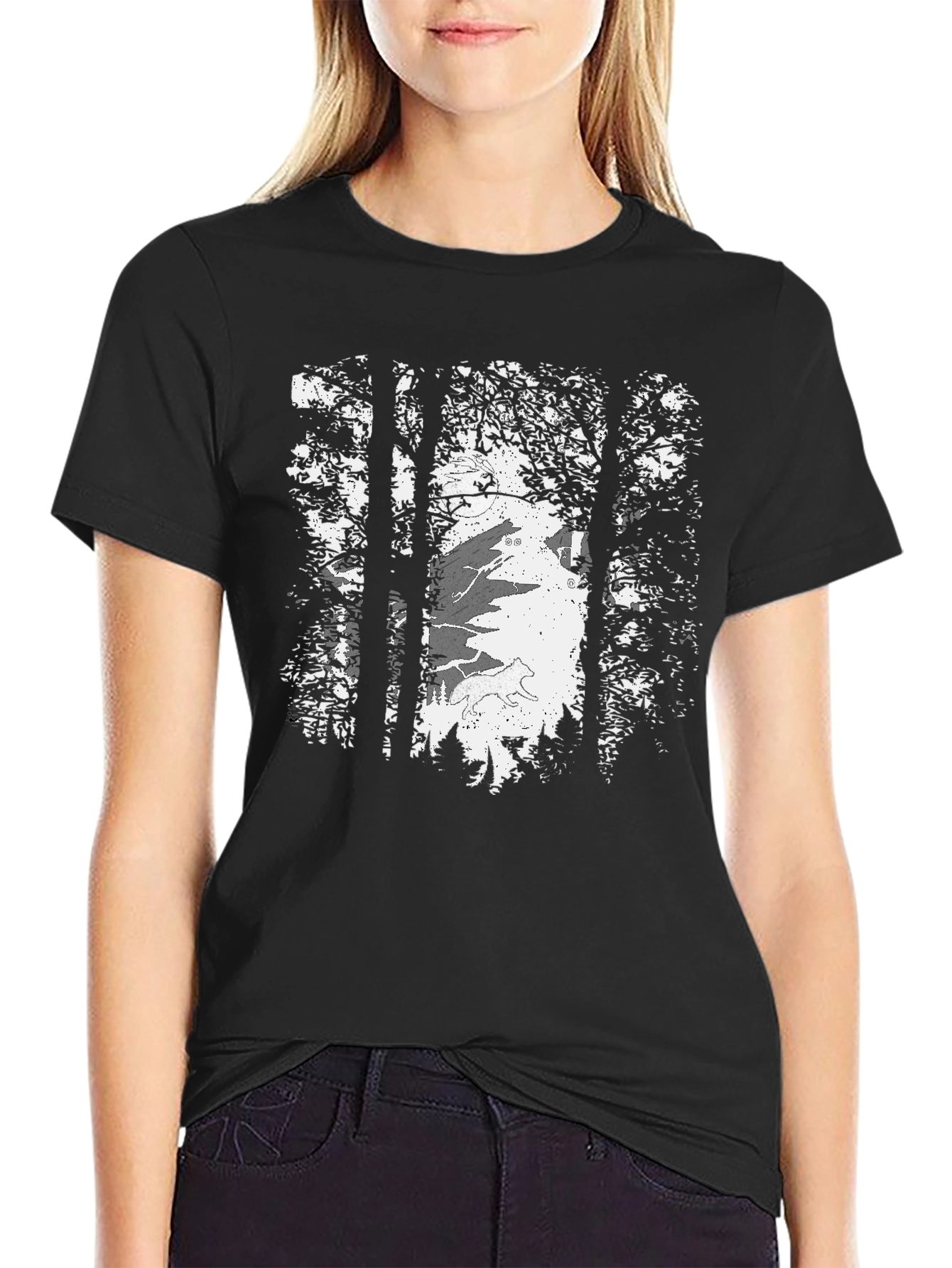 Black Wolf Moon Forest Tee - Graphic Print Black T-Shirt view 2