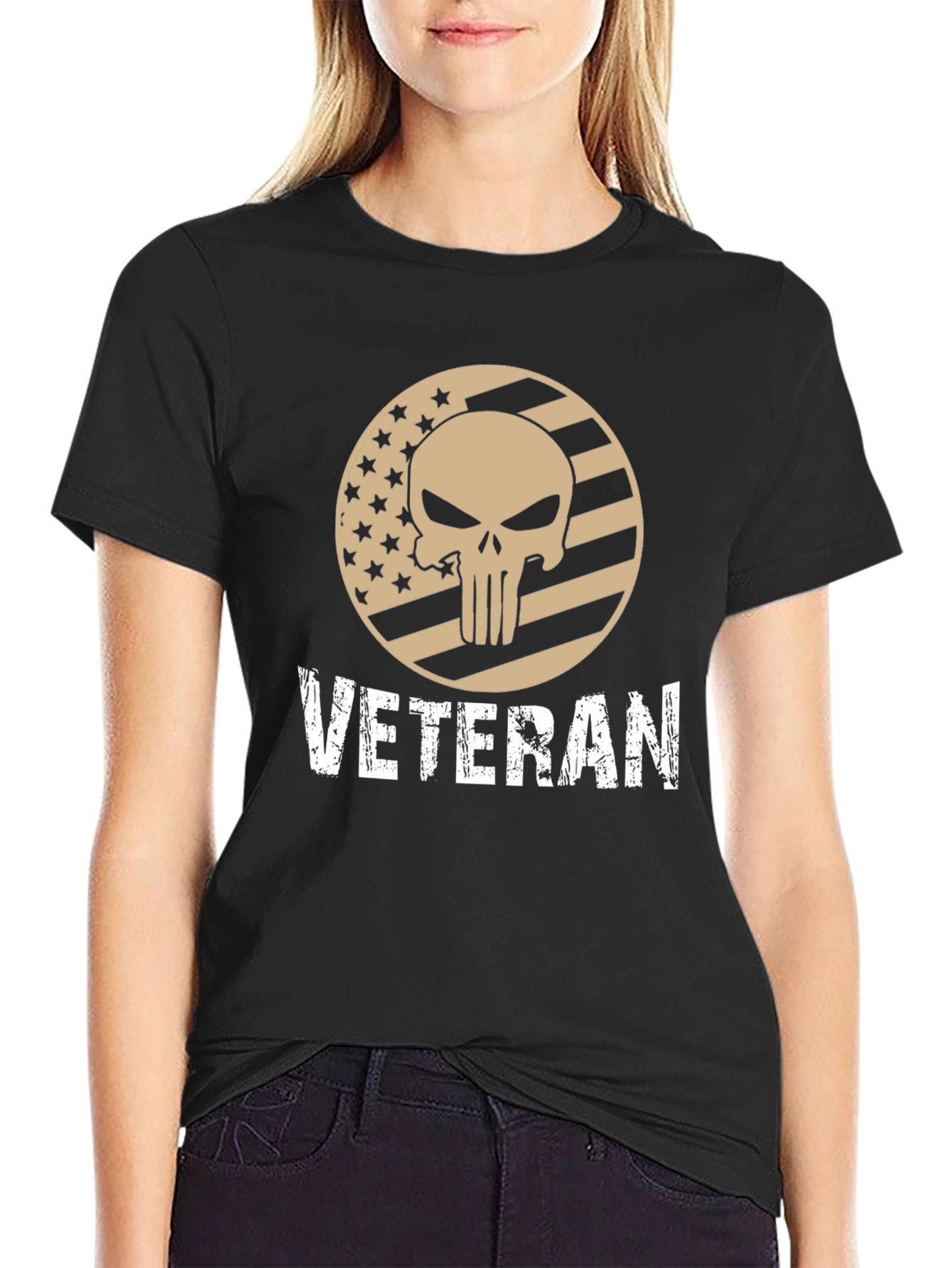 Black Veteran Punisher Skull Graphic T-Shirt view 2