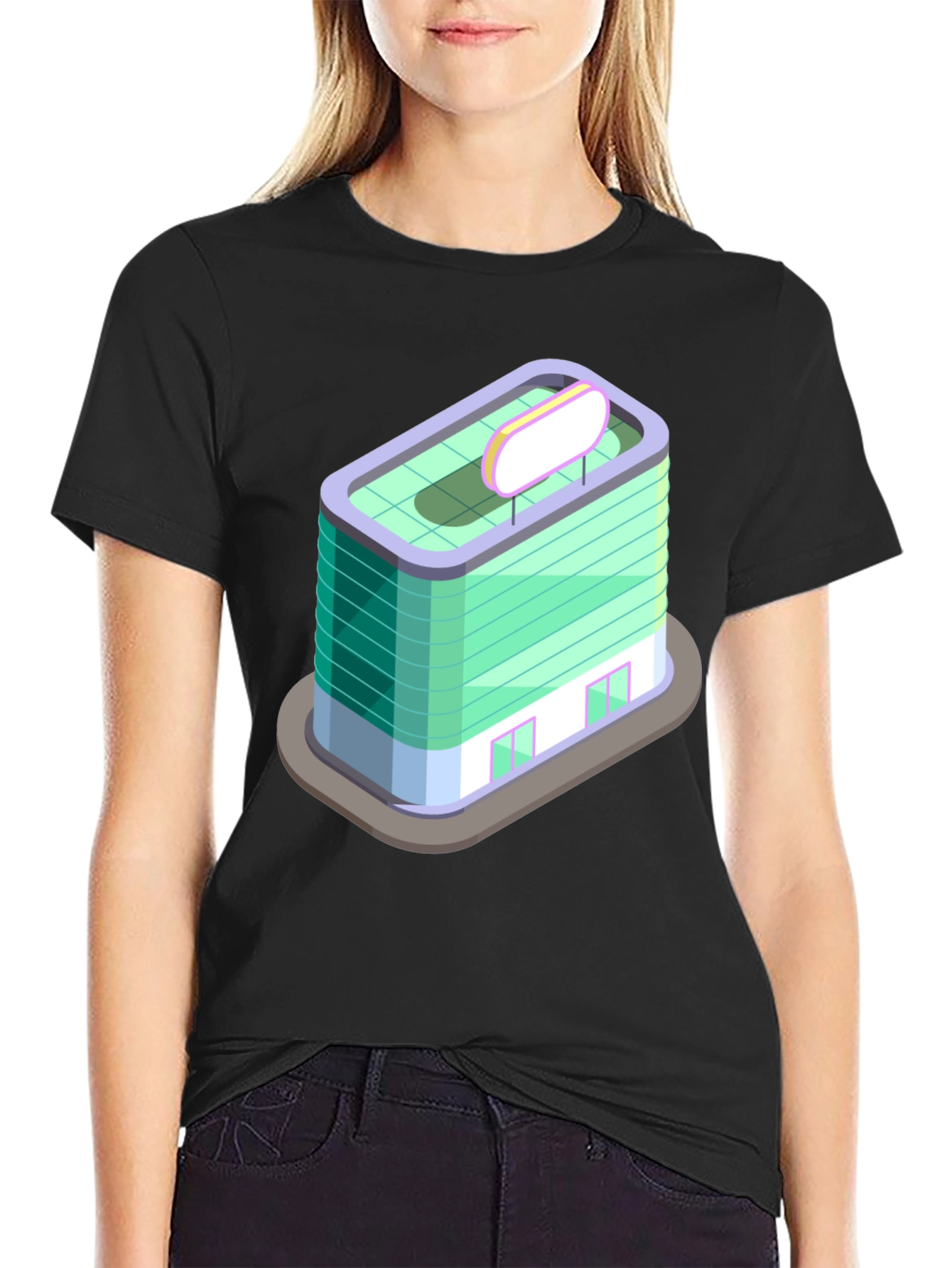 Black Modern Building Graphic Tee - Black Cotton T-Shirt view 2