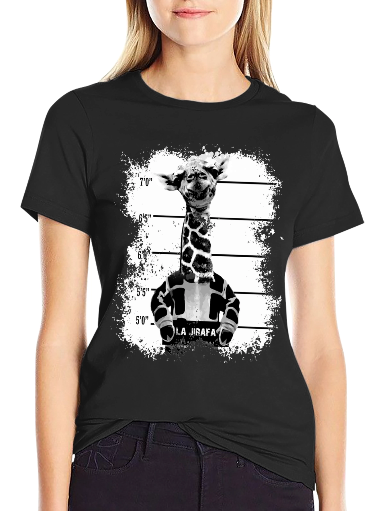 Black Giraffe Mugshot Graphic Tee - Funky Animal T-Shirt view 2