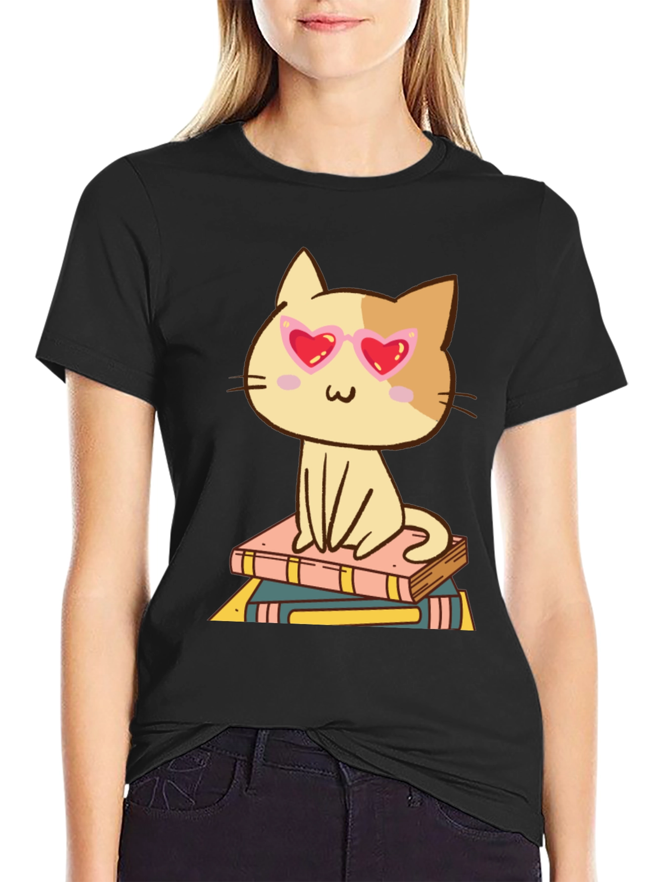 Black Cute Cat Reading Books T-Shirt view 2