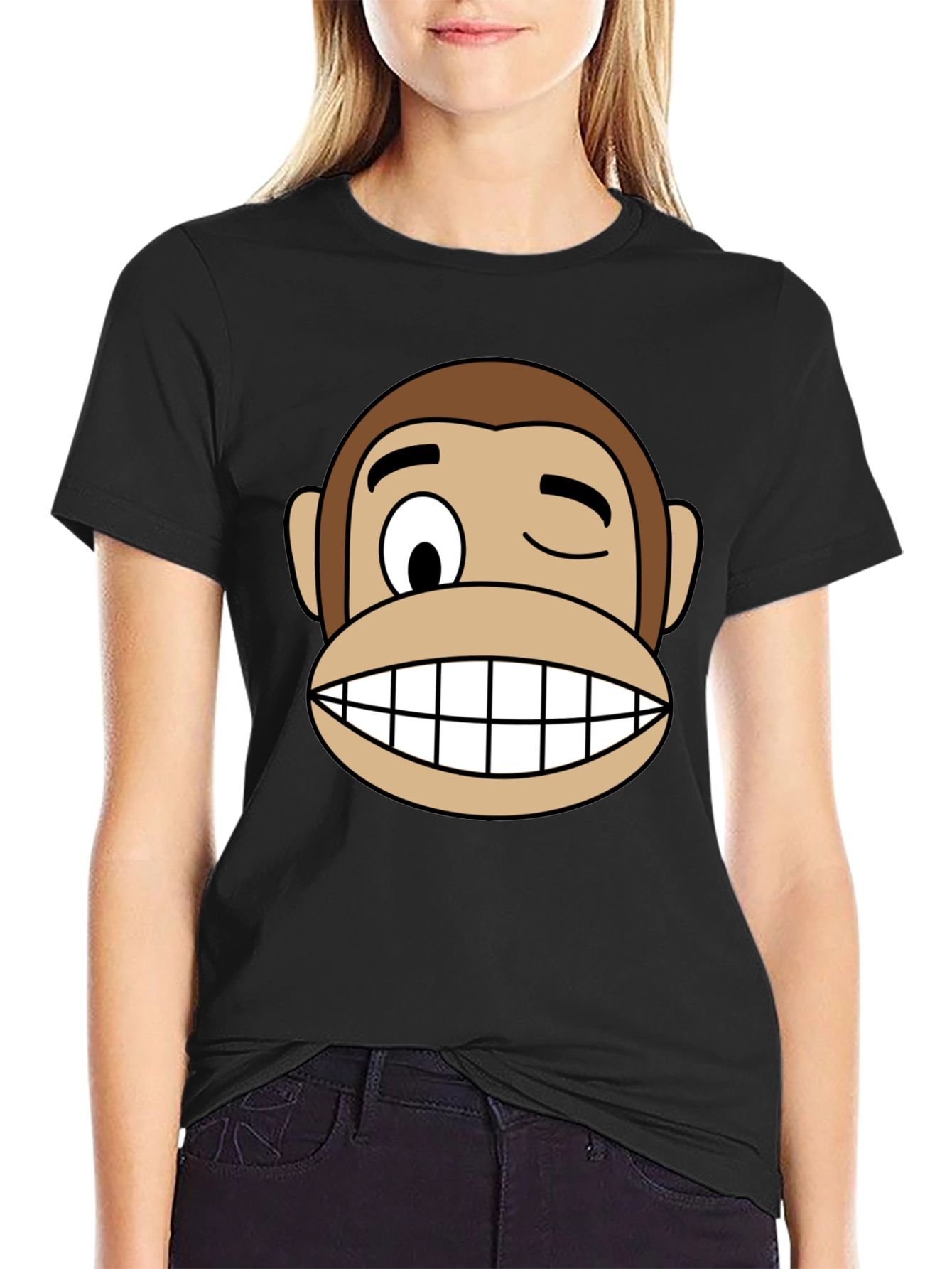 Black Funny Monkey Face Graphic Black T-Shirt view 2