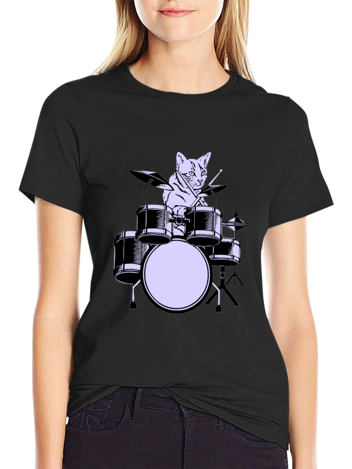 Black Cat Drummer Graphic Tee - Cool Musician Cat Shirt view 2