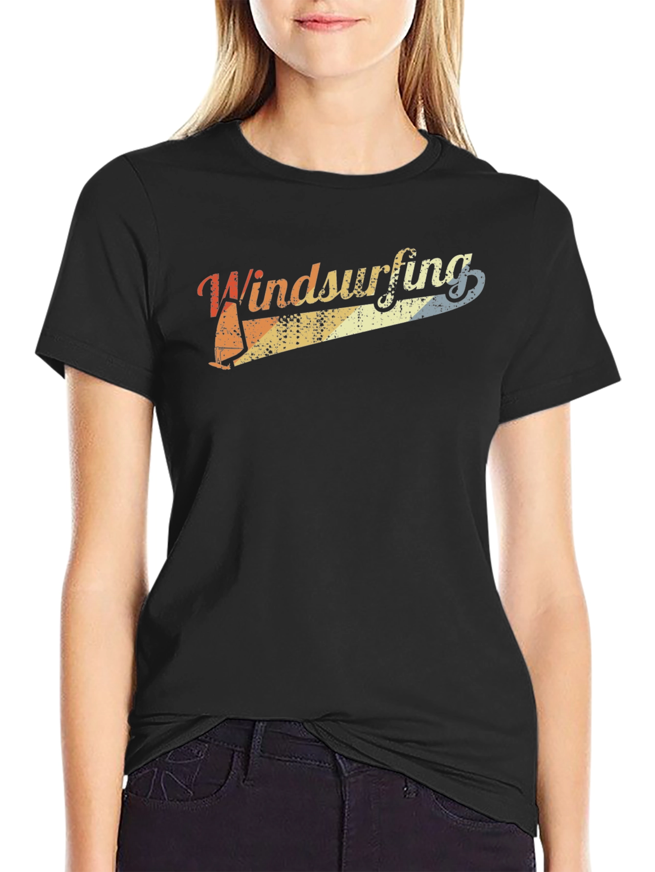 Black Retro Windsurfing T-Shirt - Vintage Style Tee view 2
