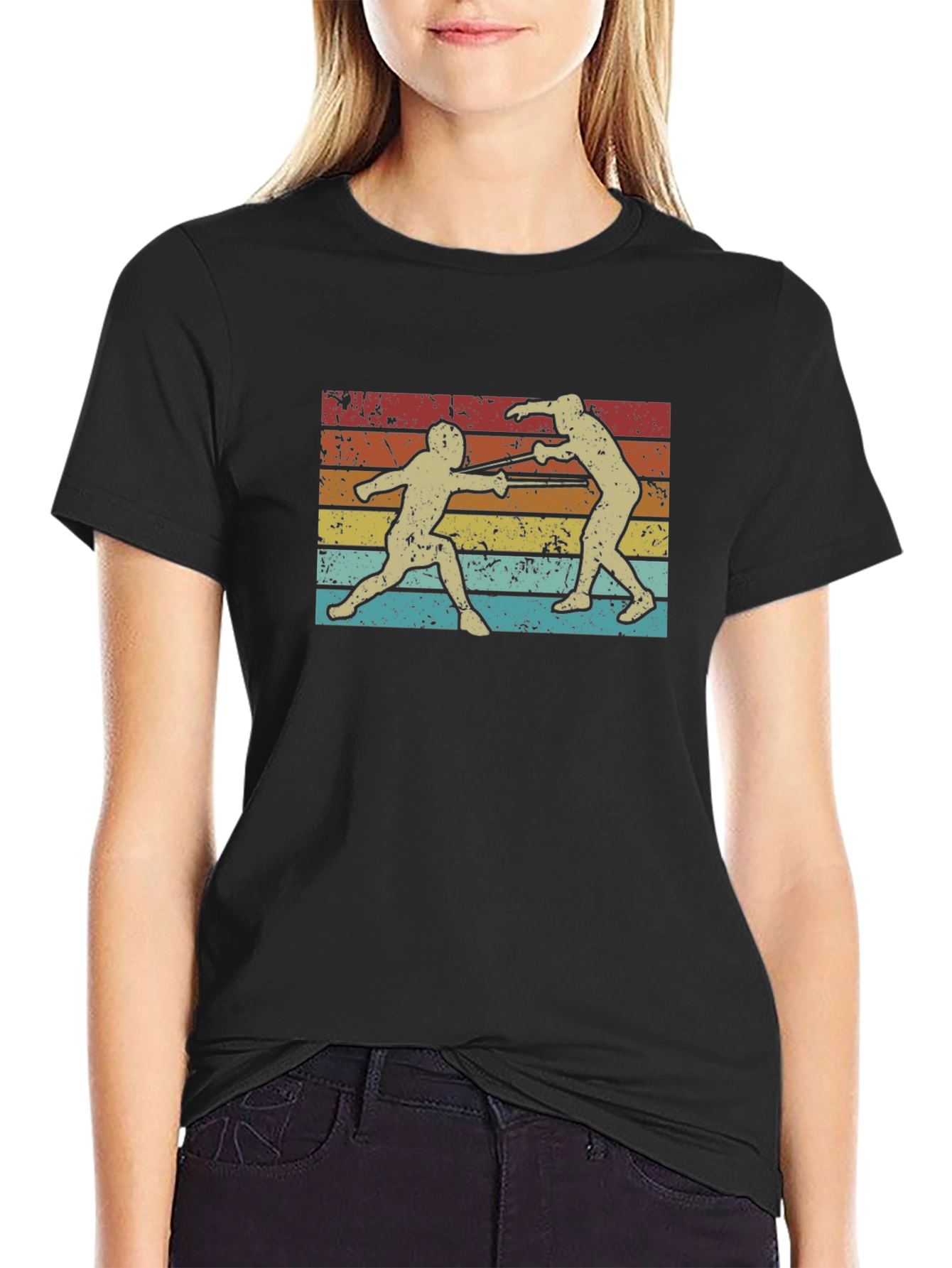 Black Fencing Retro Style Black T-Shirt view 2