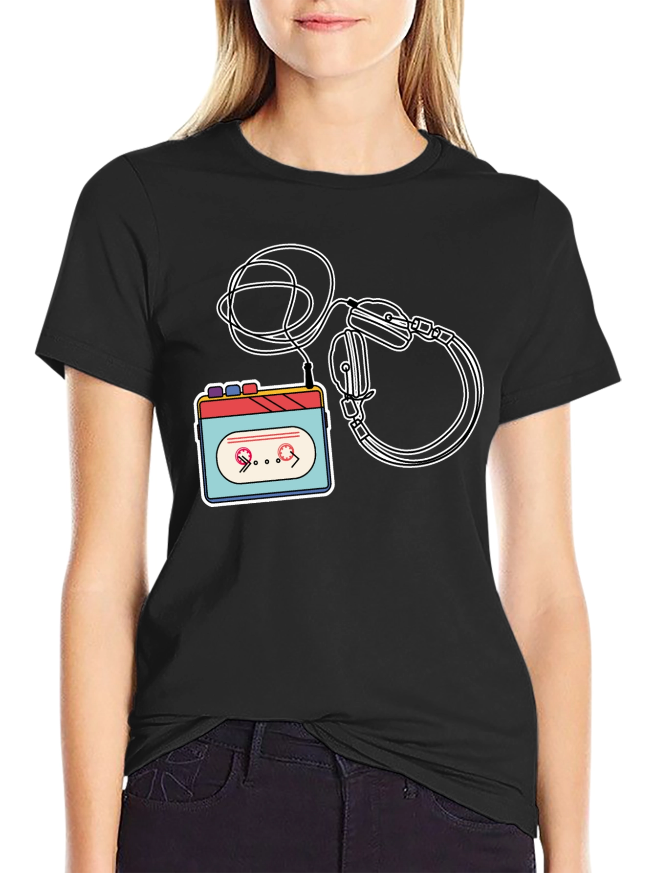 Black Retro Cassette & Headphones Graphic Tee view 2