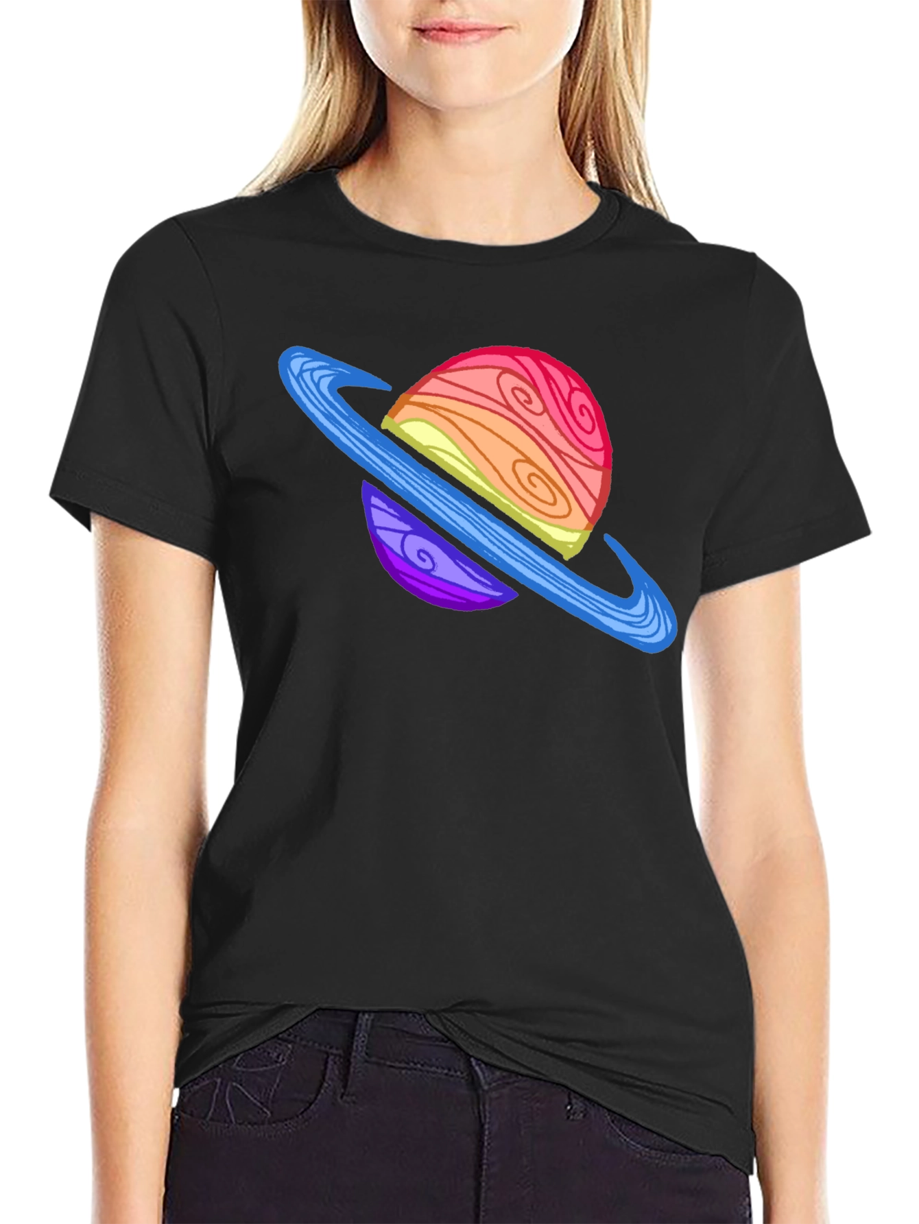 Black Cartoon Planet Graphic Tee - Black Crew Neck T-Shirt view 2