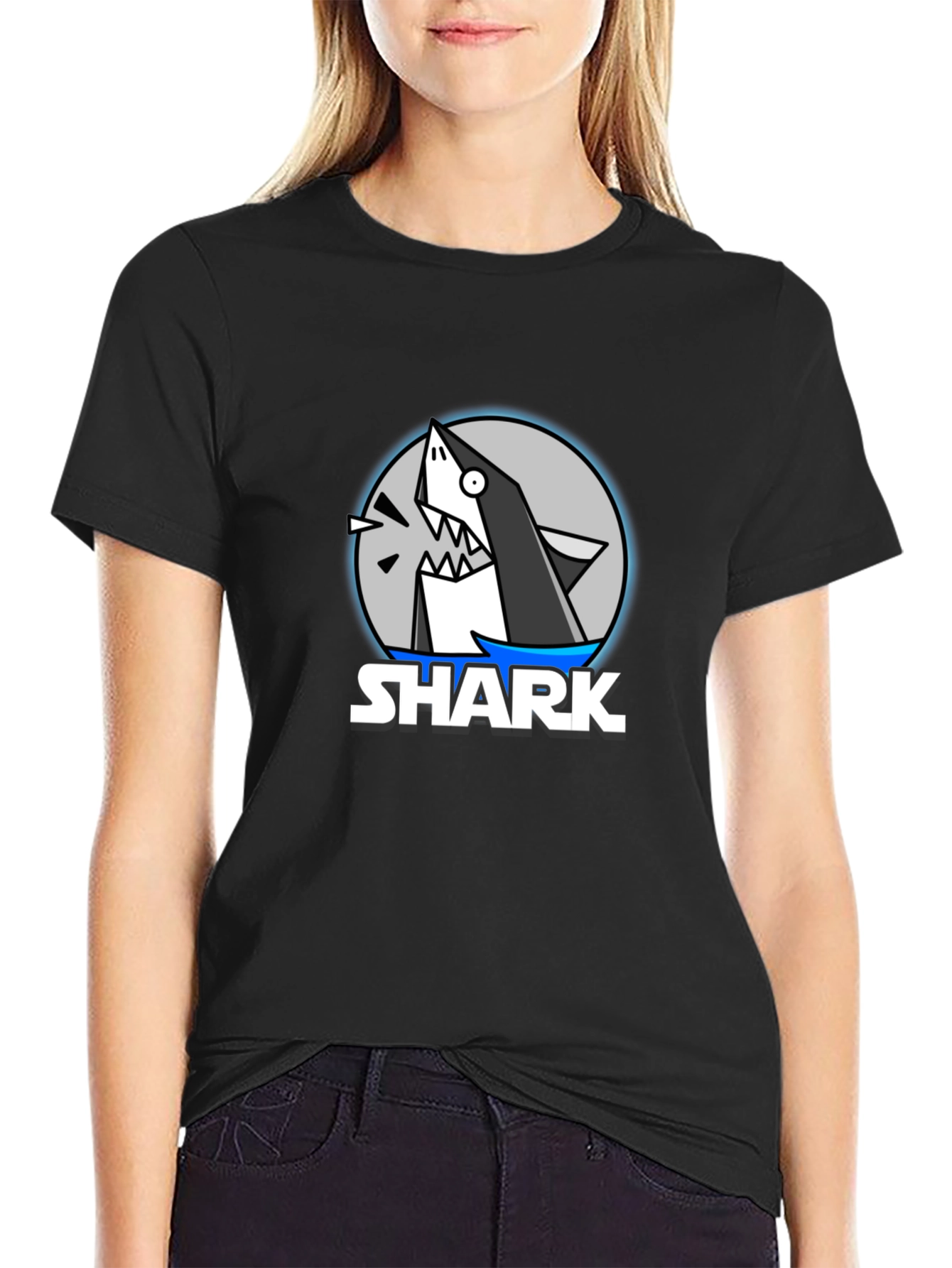 Black Cartoon Shark Graphic Black T-Shirt view 2