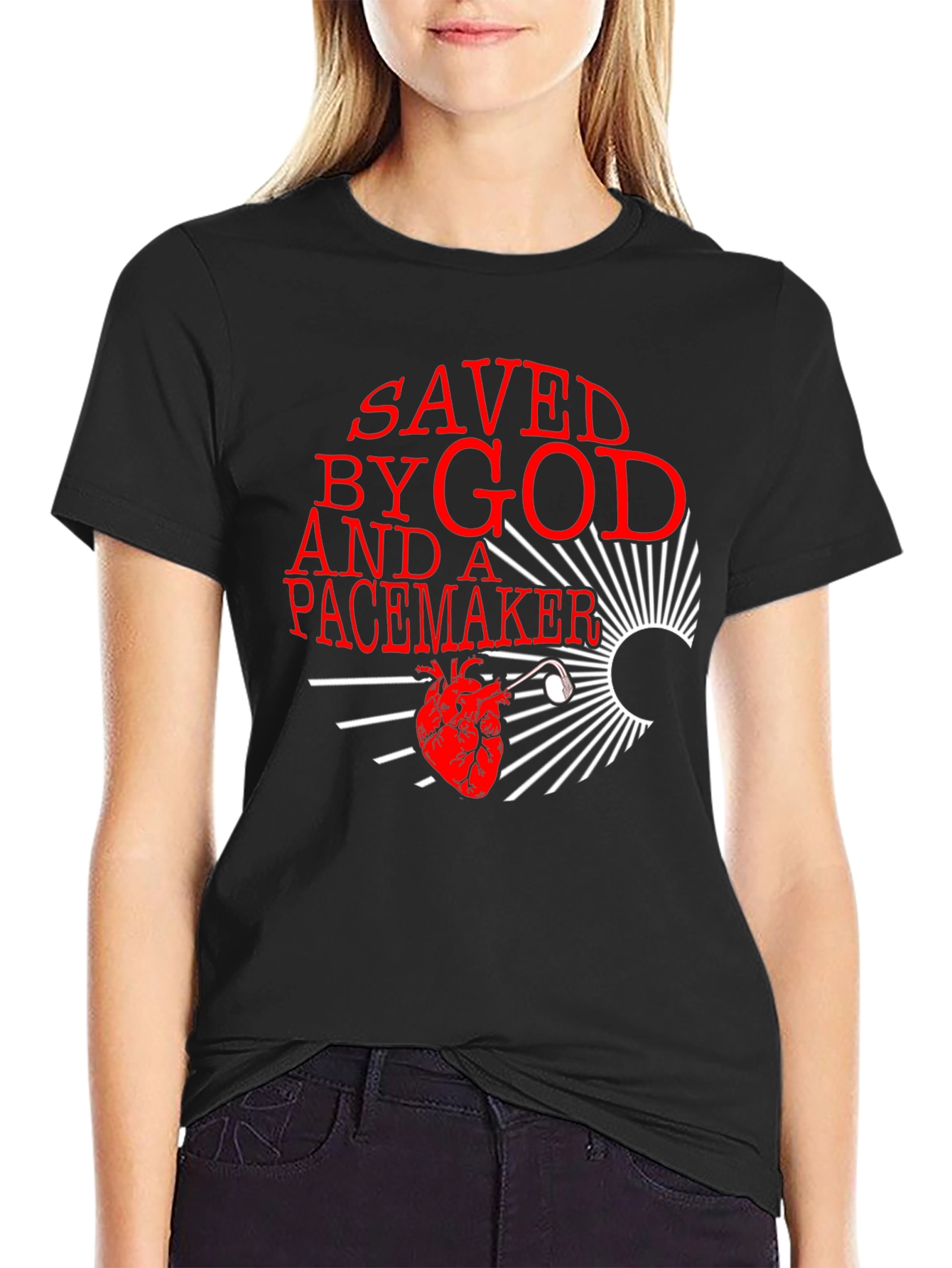 Black Saved By God and a Pacemaker Graphic T-Shirt view 2