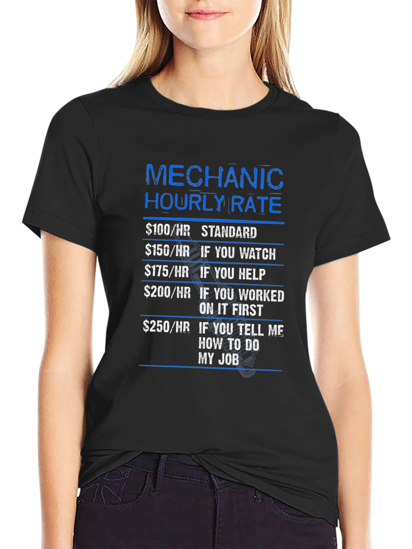 Black Mechanic Hourly Rate Funny T-Shirt view 2