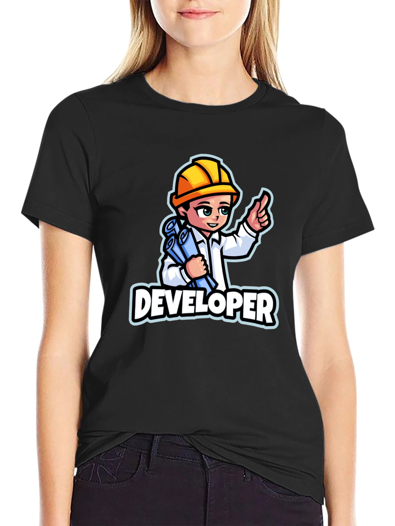Black Developer Cartoon Graphic T-Shirt - Soft Cotton Blend view 2