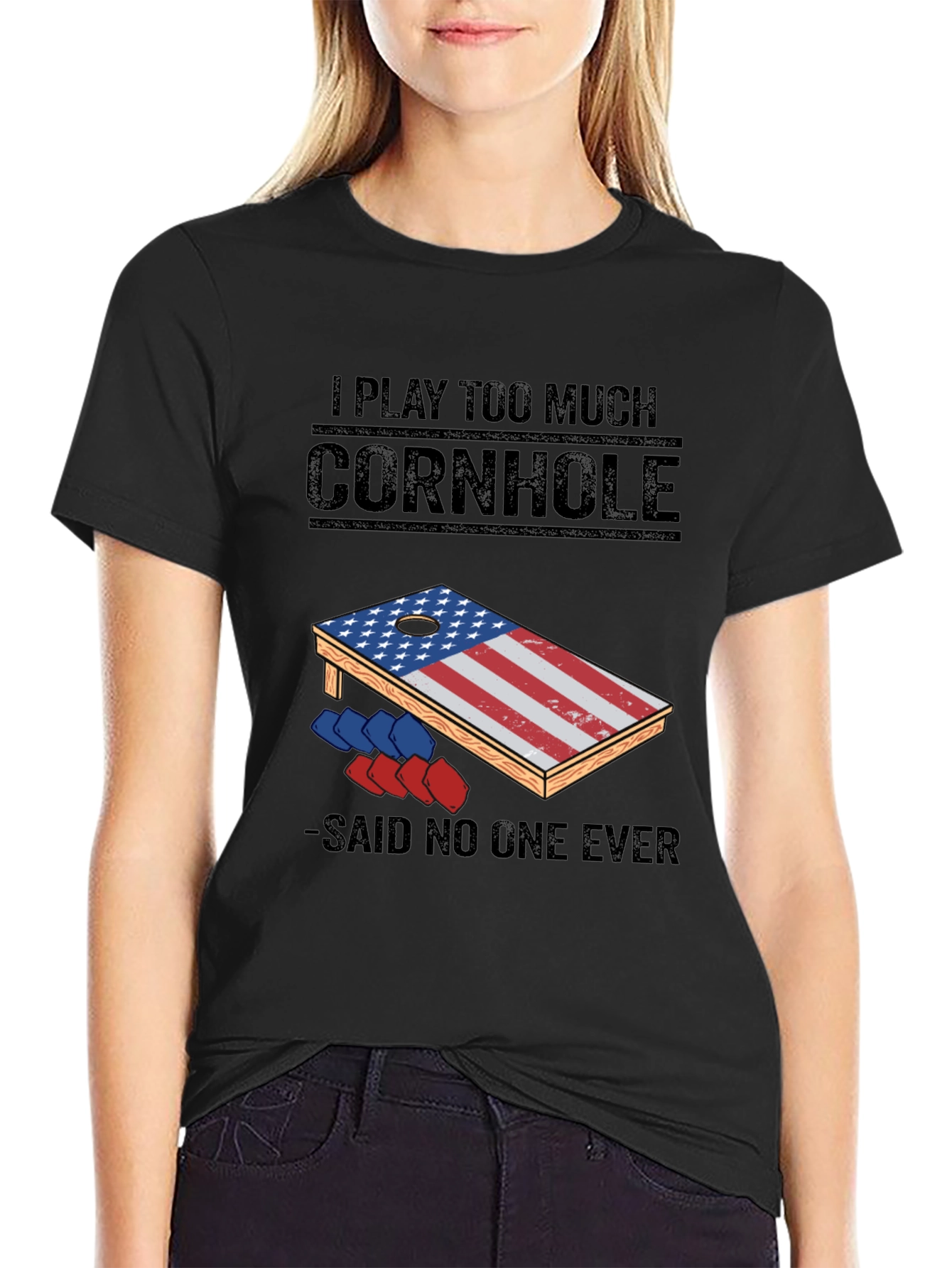 Black I Play Too Much Cornhole T-Shirt view 2