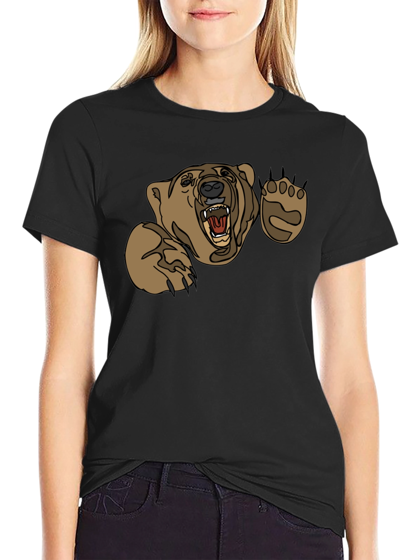 Black Grizzly Bear Graphic Print Black T-Shirt view 2