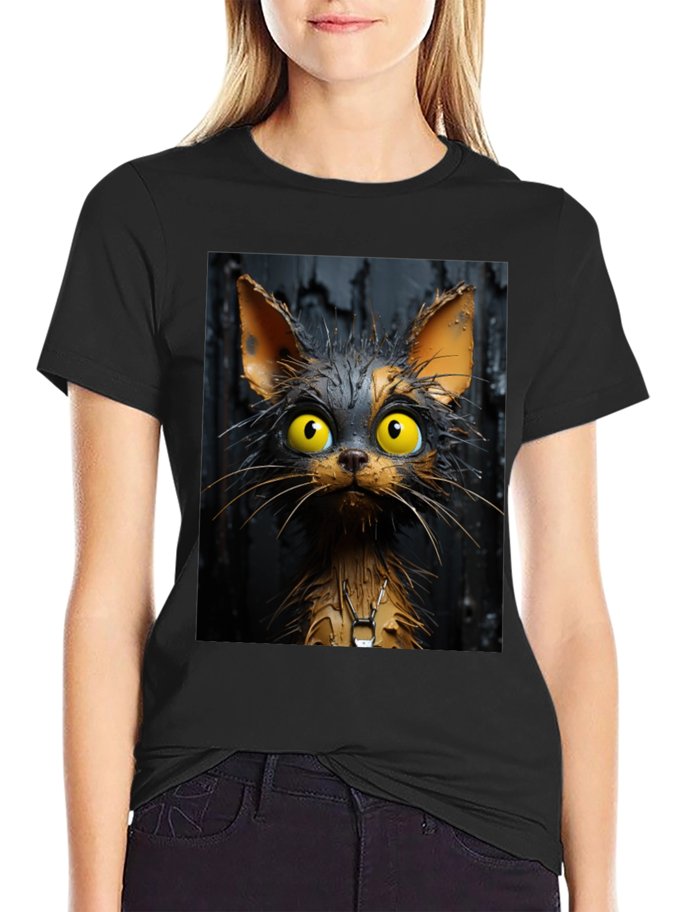Black Cartoon Cat Graphic Tee - Unisex Black T-Shirt view 2