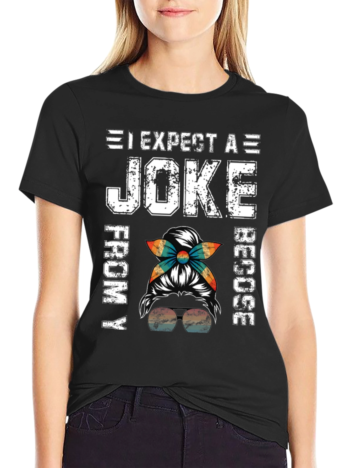 Black Expect A Joke From My Rescu Messy Bun T-Shirt view 2