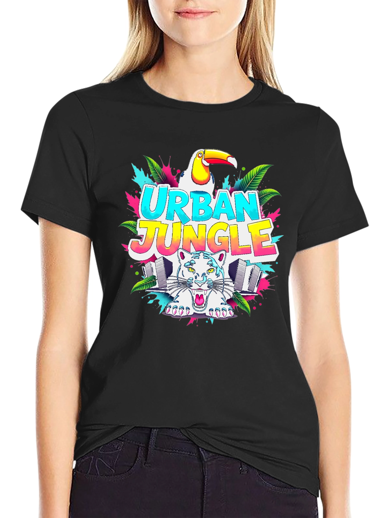 Black Urban Jungle Graphic T-Shirt - Tropical Toucan & Tiger view 2