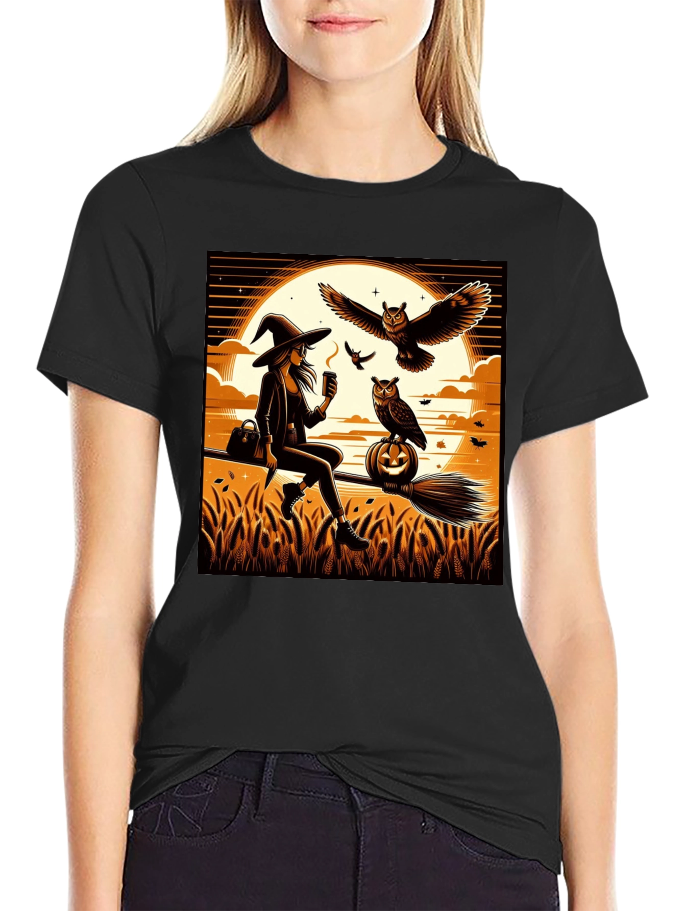Black Witch & Owl Halloween T-Shirt view 2