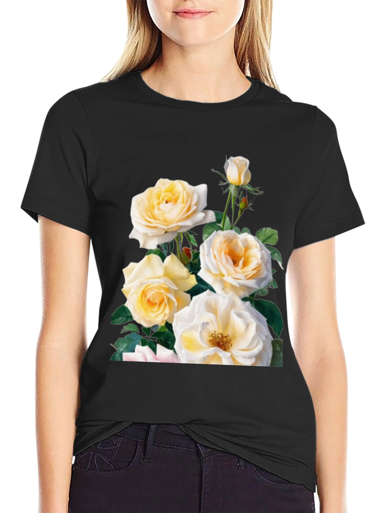 Black Floral Rose Graphic T-Shirt - Soft Cotton Blend view 2
