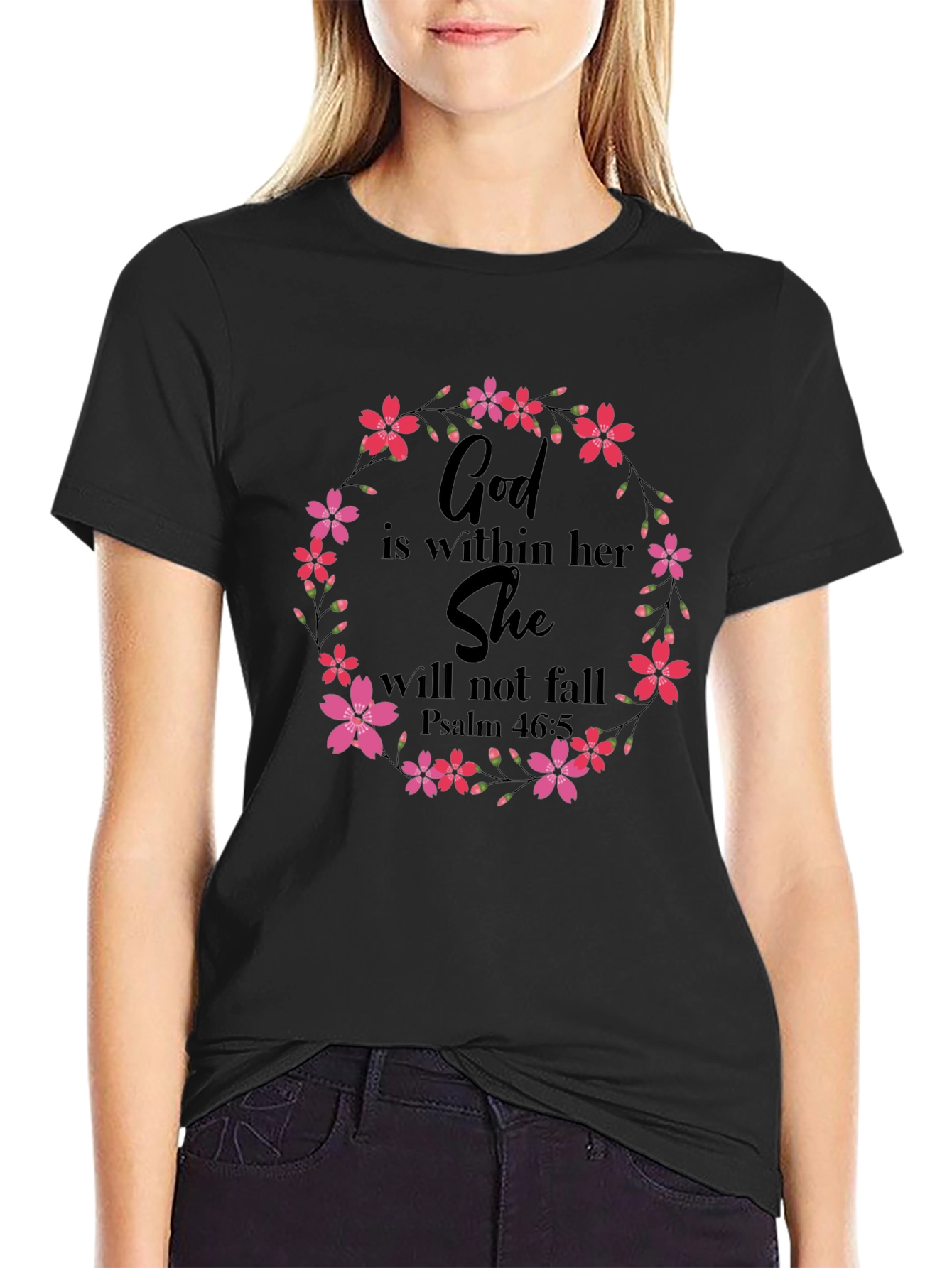 Black Floral God Is Within Her T-Shirt view 2
