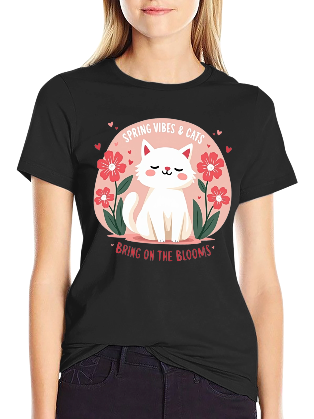 Black Spring Vibes & Cats Graphic T-Shirt view 2